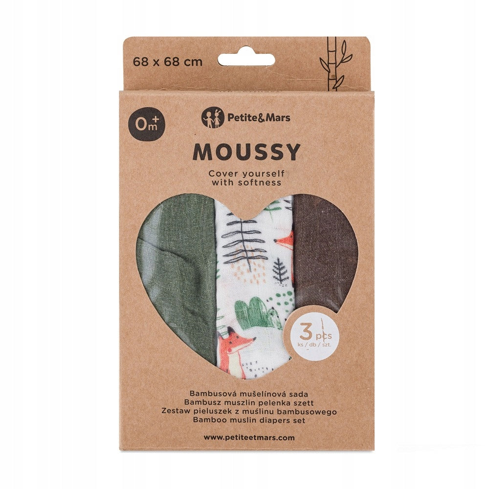 PETITE&MARS Bamboo muslin diapers 3 pcs Moussy Forest Fox Packaging status original