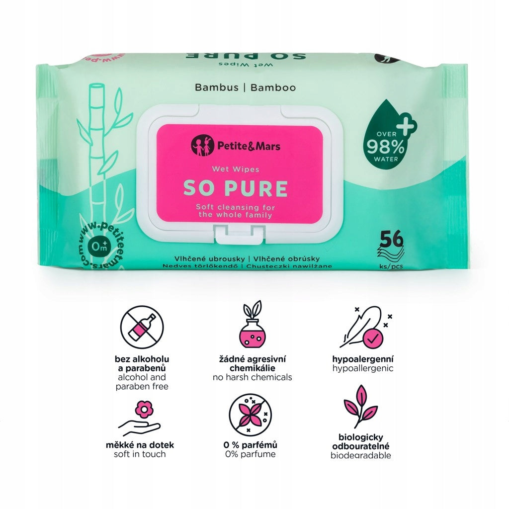 PETITE&MARS Bamboo wet wipes SO PURE biodegradable 56 pcs