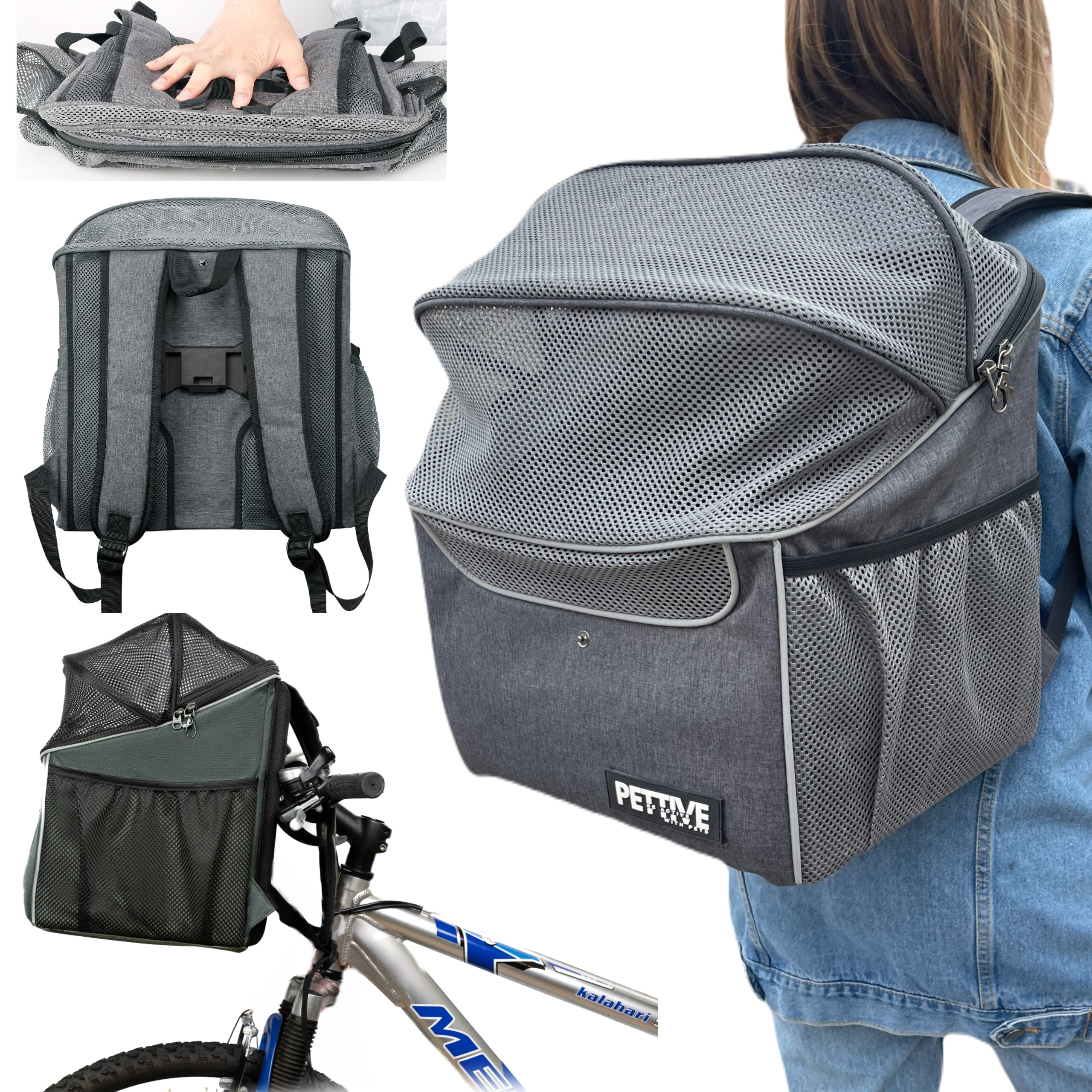 PETRIVE 3in1: Dog or cat bike basket, dog backpack, car seat alone.