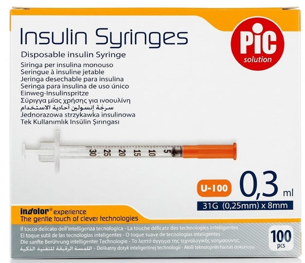 PIC Insulin Syringes Insulin Syringe 0,3 ml G31 0,25x8mm 100 Pieces