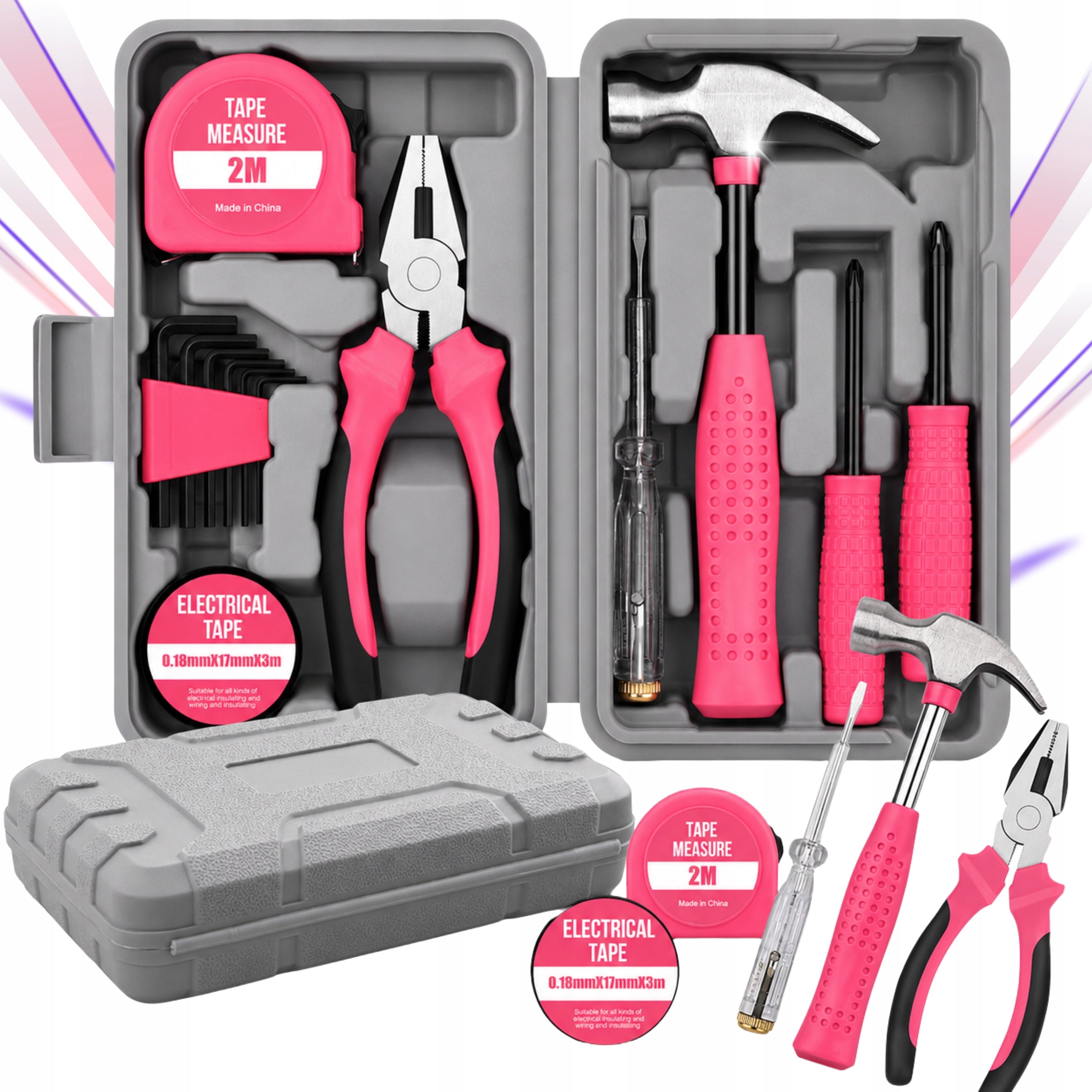 PINK SMALL DIY REPAIR HAND TOOL SET FOR WOMEN 14 PCS KEYS