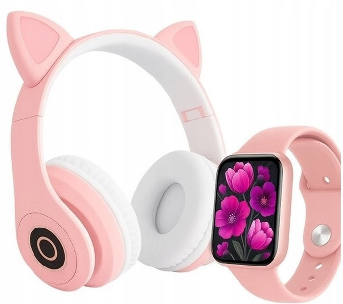 PINK SMARTWATCH + CAT EAR HEADPHONES LED - SET FOR GIRLS Manufacturer code RÓZOWY SMARTWATCH + SŁUCHAWKI Craft & Magic