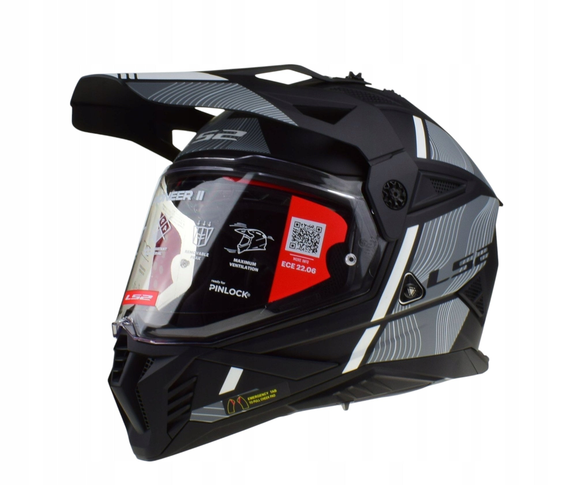 PIONEER II HILL MATT BLACK WHITE adventure dual helmet LS2 MX702 size M