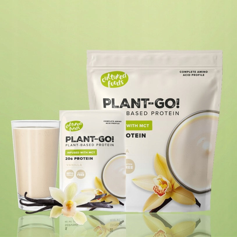 PLANT-GO! Vanilla flavoured vegetable protein with the addition of MCT 10 x 33g Packaging status original