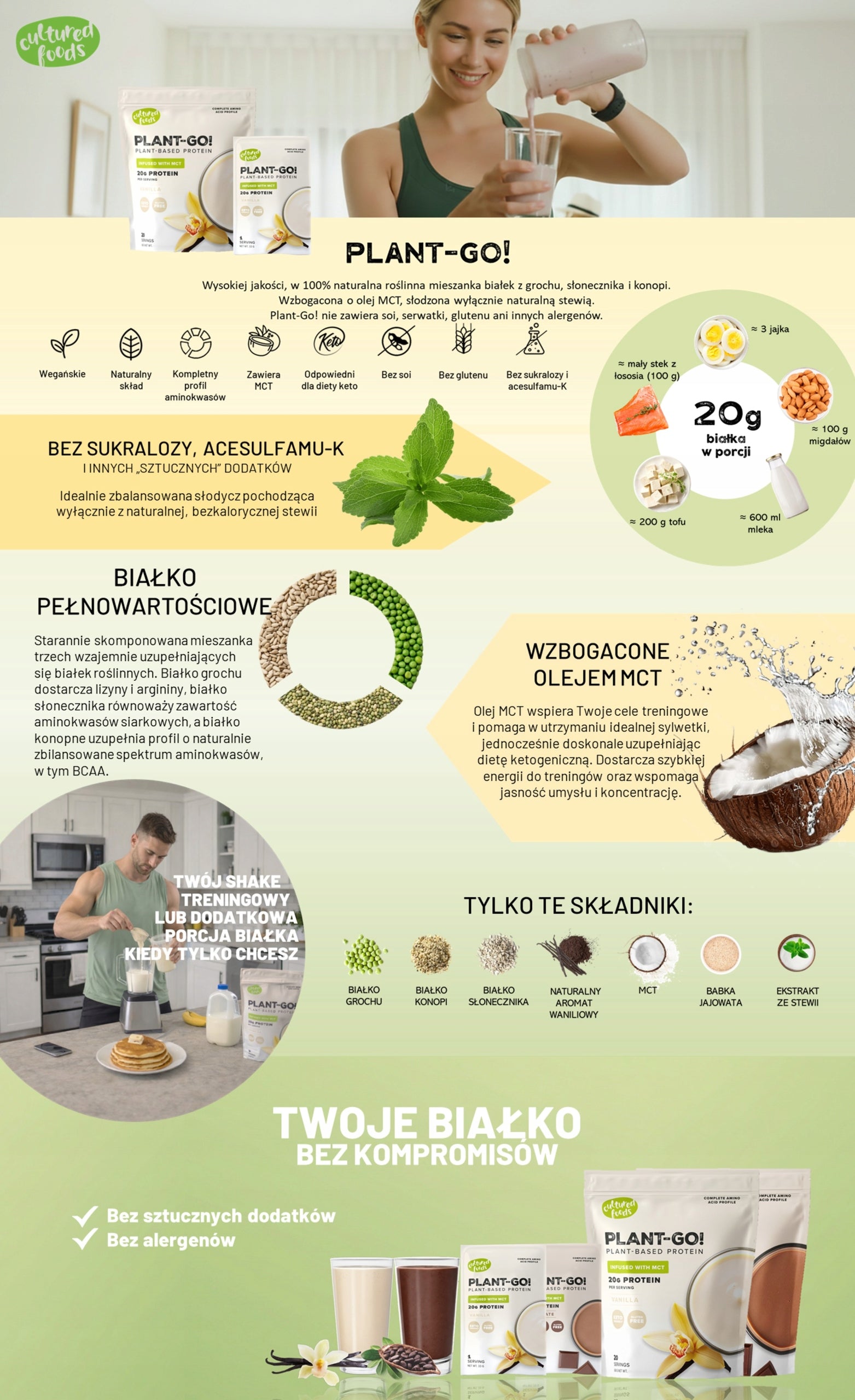 PLANT-GO! Vanilla flavoured vegetable protein with the addition of MCT 33g Expiration date at least 1 year from the date of purchase