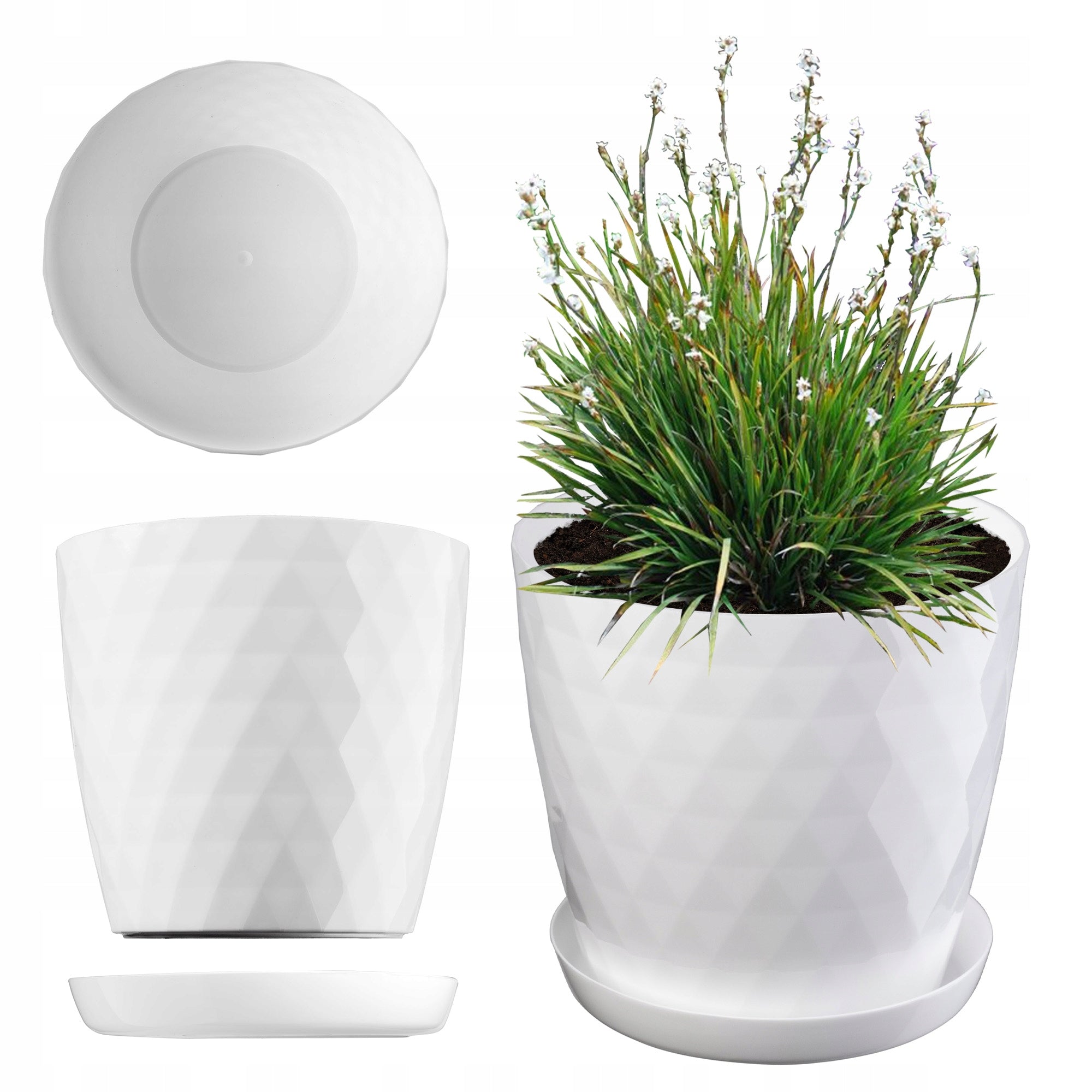 PLASTIC FLOWER POT WITH STAND PLANTER FLOWER COVER 14cm WHITE KADAX