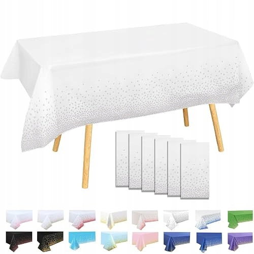 PLASTIC RECTANGULAR TABLECLOTH 137X274 CM WHITE SILVER DOTS 6 PCS