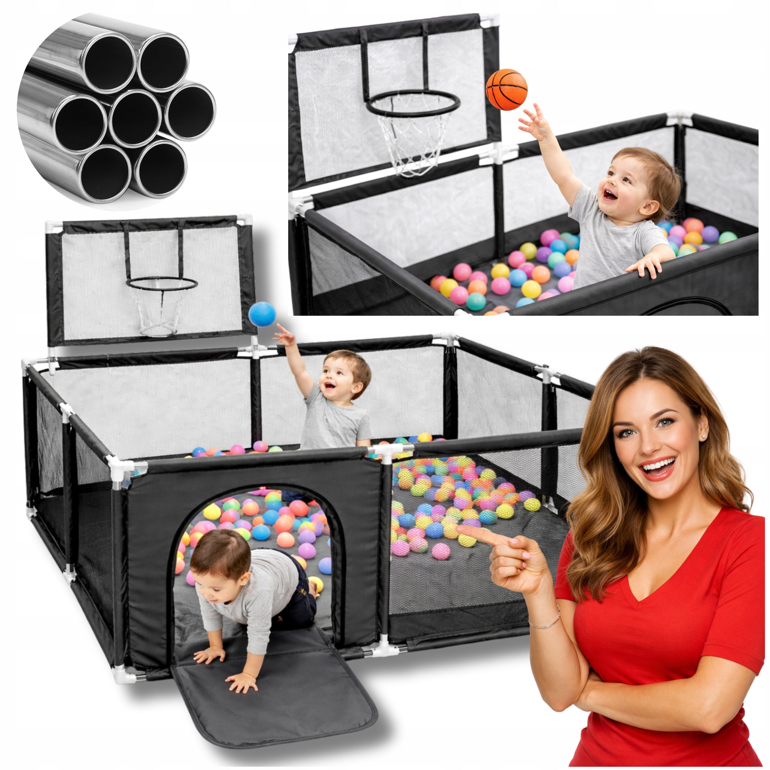 PLAYPEN FOR CHILDREN 130x130 WITH BASKET Square Toys DRY POOL + BALLS