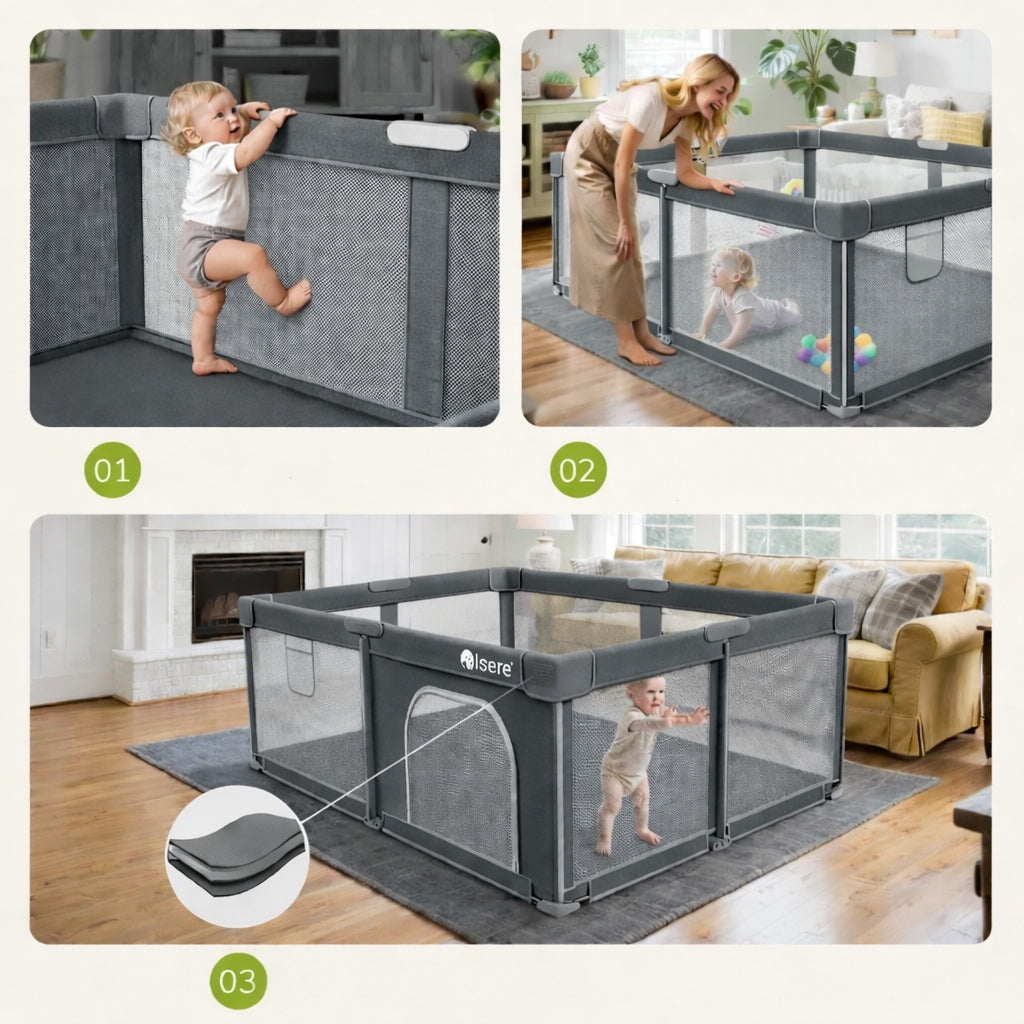 PLAYPEN FOR CHILDREN FOLDING PREMIUM 130x130 MAT BALLS BASKET QUICK FOLDING Manufacturer code KOJEC ISERE PREMIUM SKŁADANY 130x130 SZARY