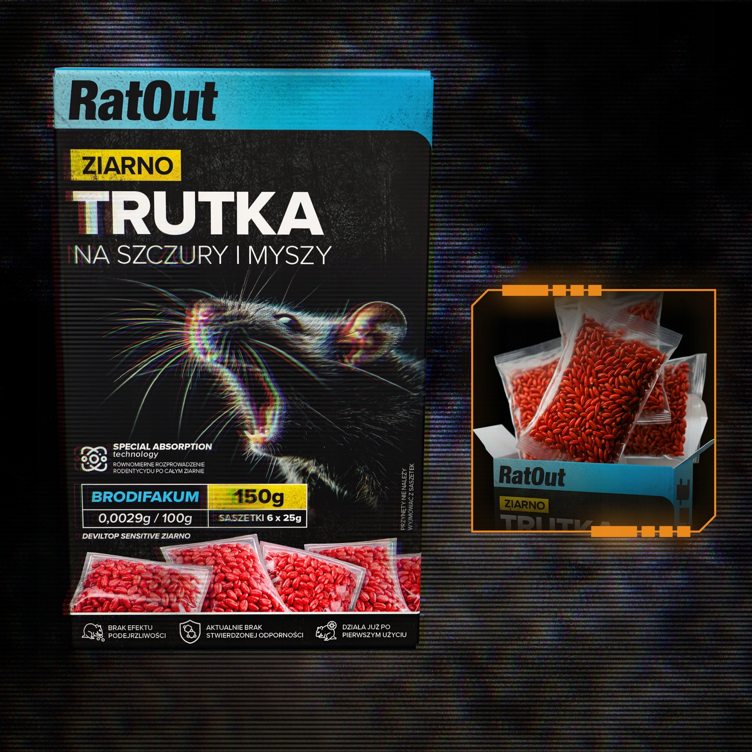 POISON FOR RAT MICE RODENTS RATOUT BRODIFACOUM POISONED GRAIN 150G Manufacturer code ŚRODEK GRYZONIOBÓJCZY CZERWONY ZBOŻOWY 0,15KG