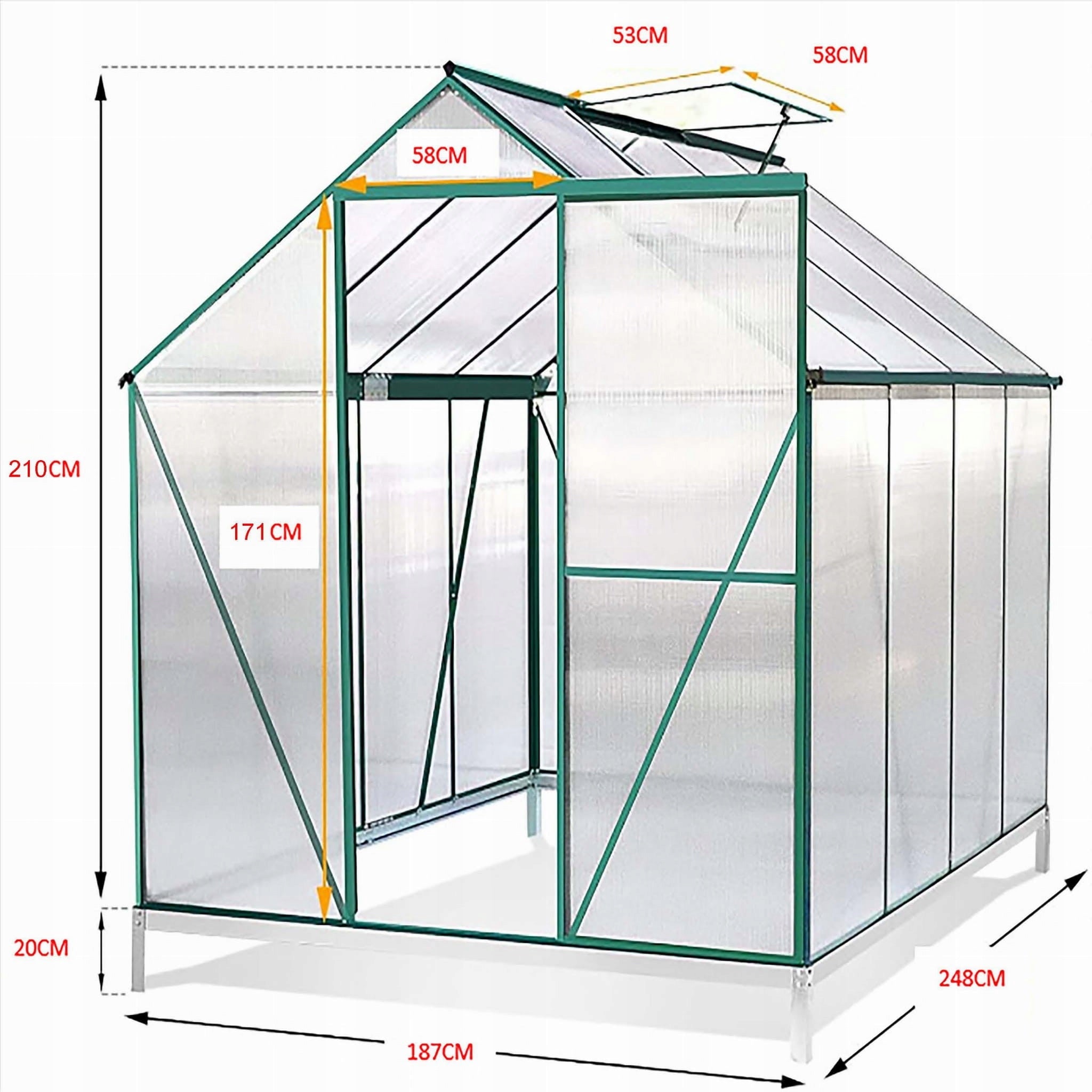 POLYCARBONATE GARDEN GREENHOUSE 248×187×210 CM GREEN ALUMINUM STRONG Manufacturer code 5905610259204