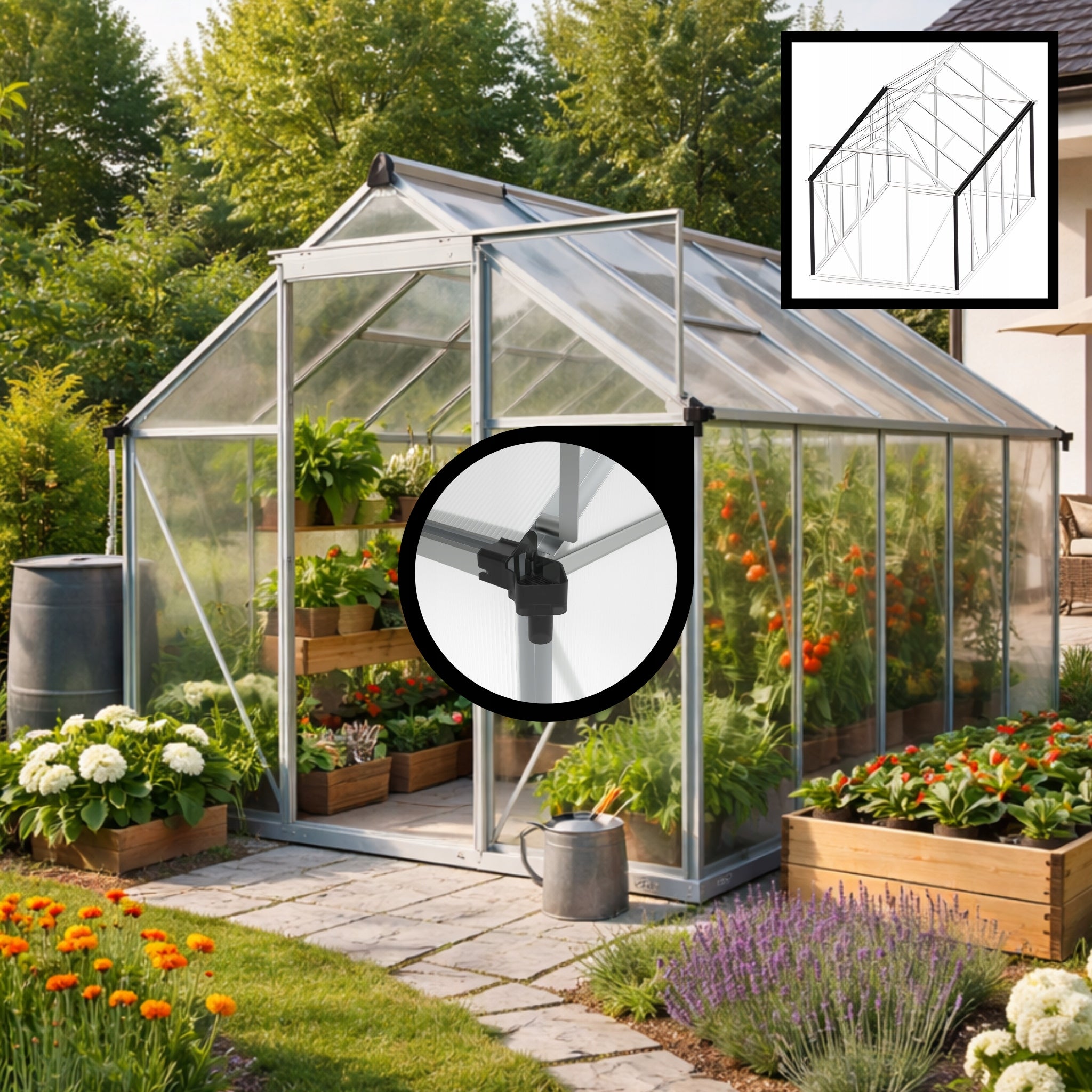 POLYCARBONATE GARDEN GREENHOUSE 302X183CM 5,24M2 COTTAGE TUNNEL ROOF WINDOWS Length 302 m