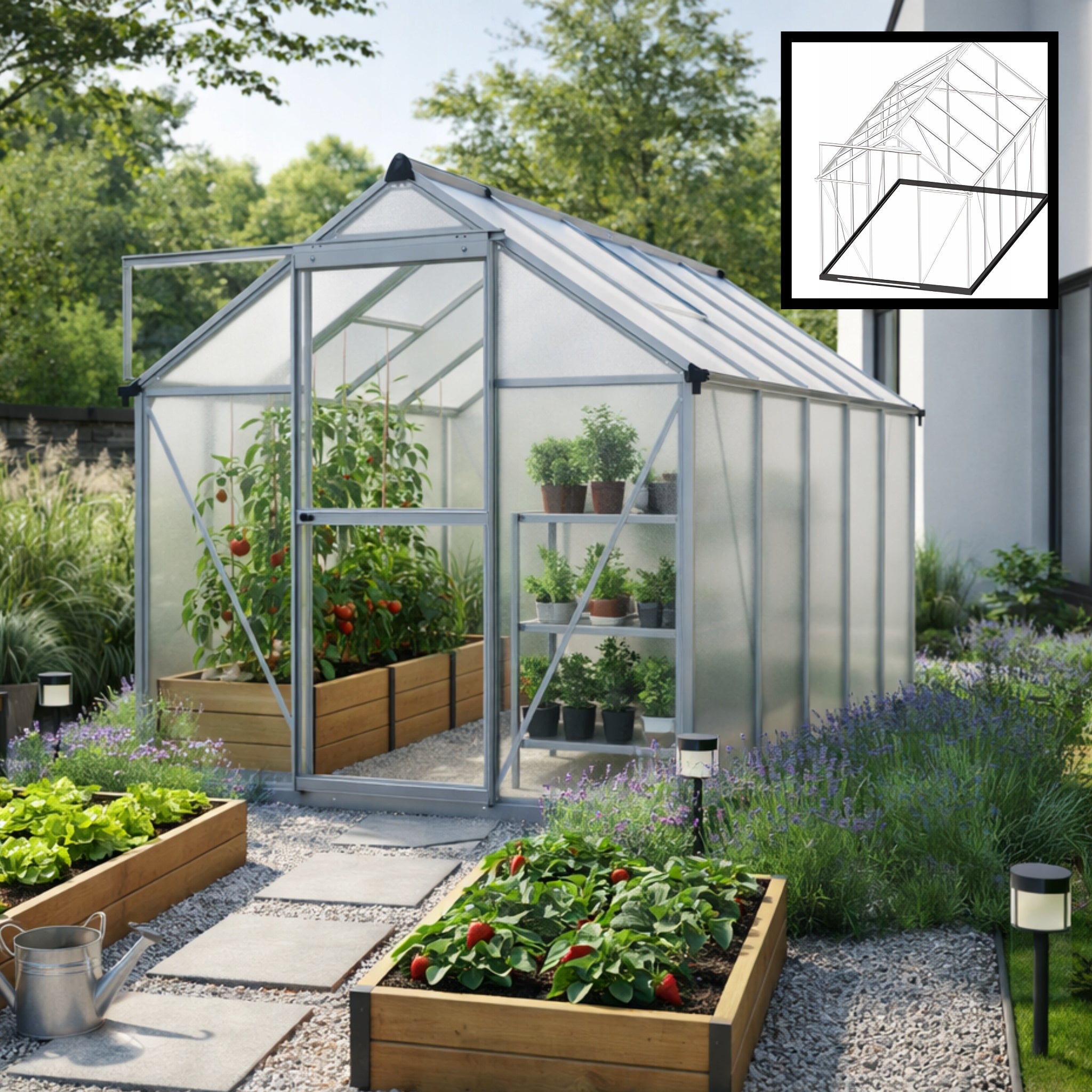 POLYCARBONATE GARDEN GREENHOUSE 302X183CM 5,24M2 COTTAGE TUNNEL ROOF WINDOWS Width 183 m