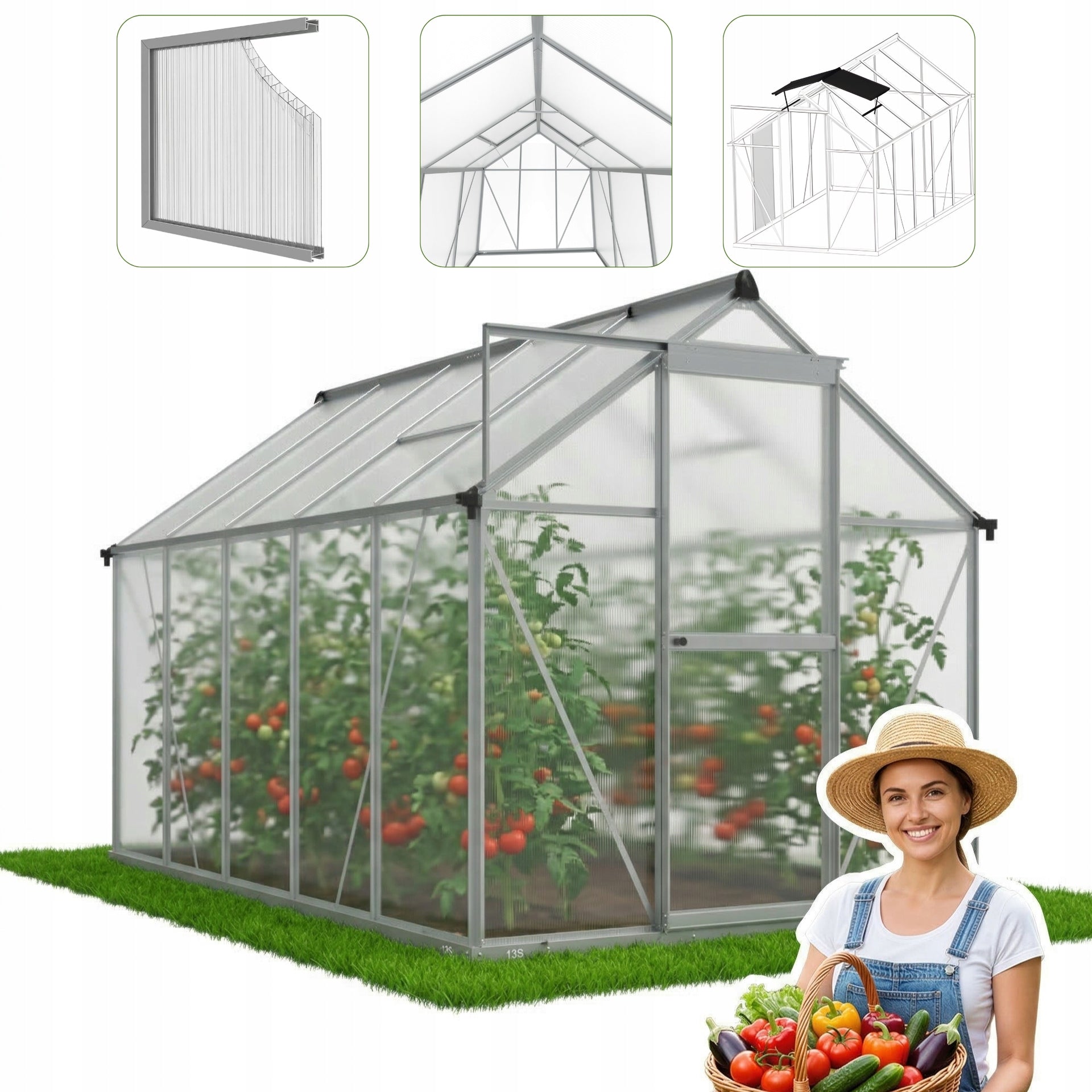 POLYCARBONATE GARDEN GREENHOUSE 302X183CM 5,24M2 COTTAGE TUNNEL ROOF WINDOWS