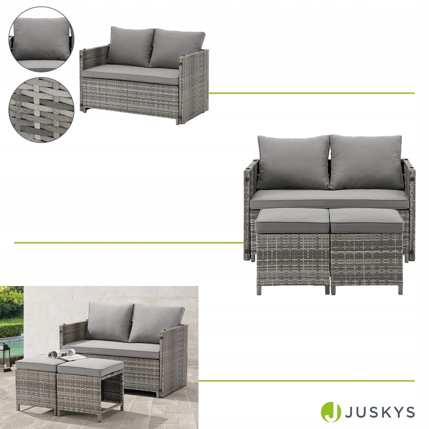 POLYRATTAN BALCONY FURNITURE 2IN1 JAMAJKA TABLE SOFA POUFS GREY Color gray