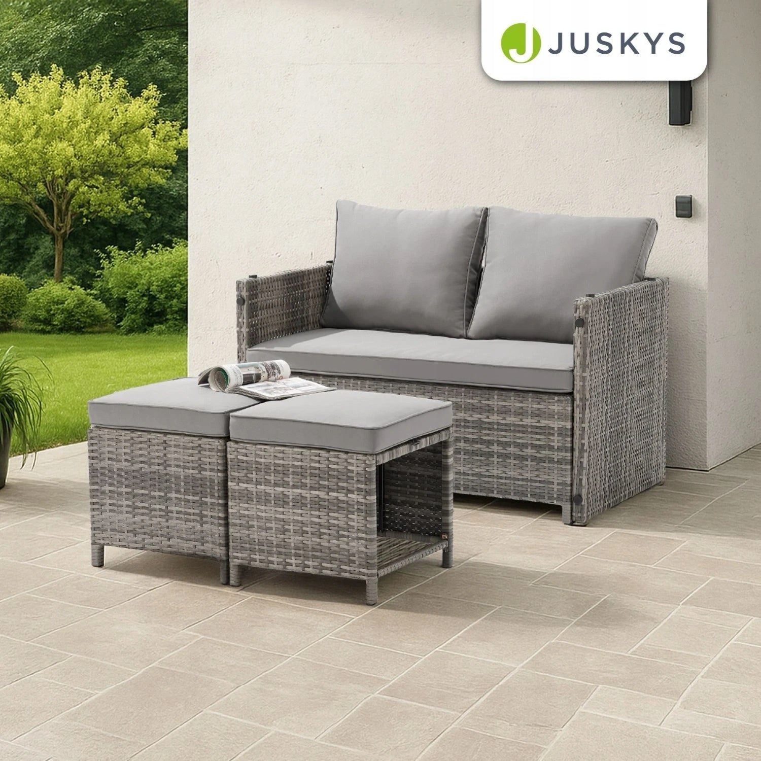POLYRATTAN BALCONY FURNITURE 2IN1 JAMAJKA TABLE SOFA POUFS GREY Packaging status original