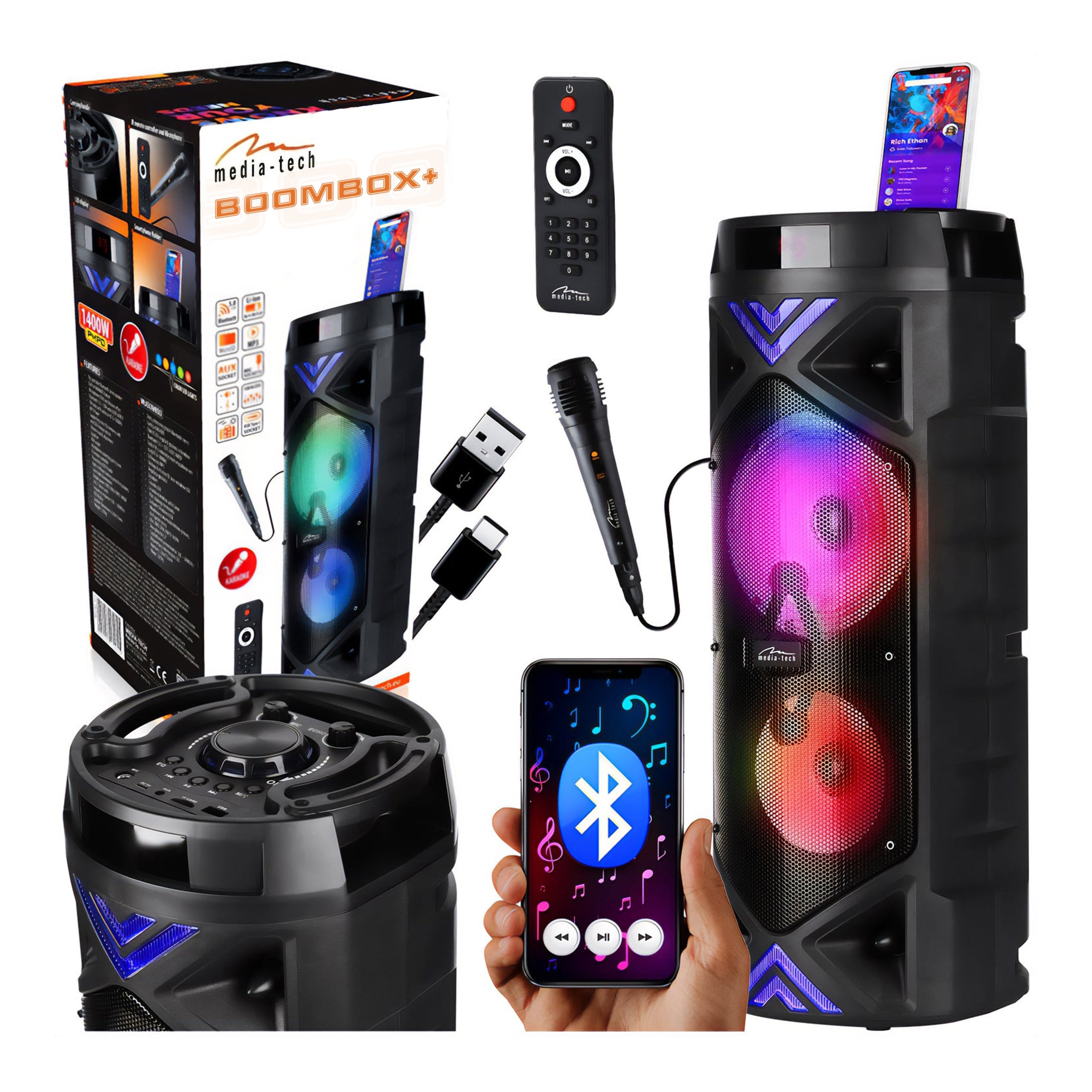 PORTABLE BLUETOOTH BOOMBOX + WIRELESS SPEAKER WITH MICROPHONE PMPO 1400W