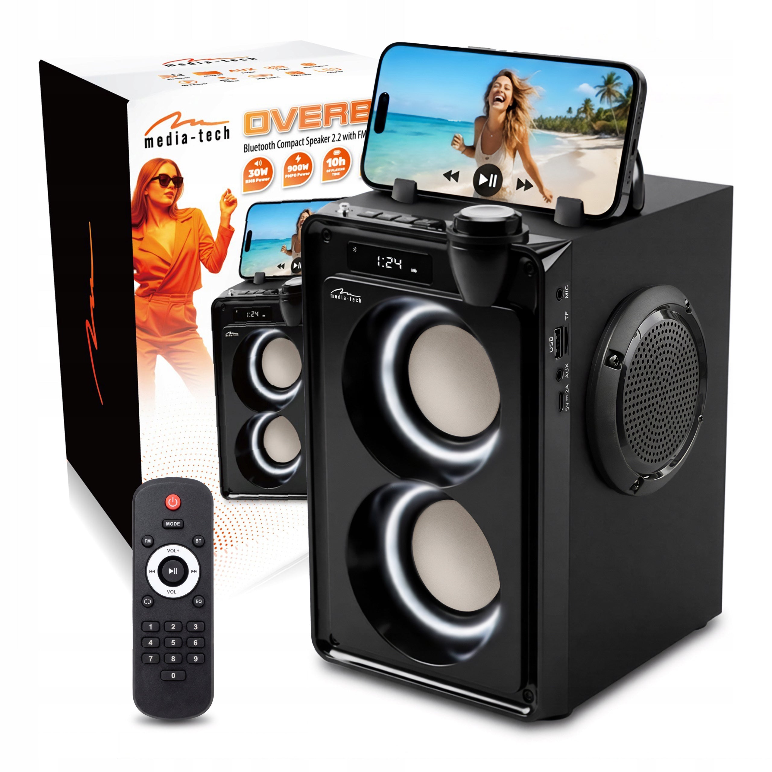 PORTABLE BLUETOOTH OVERBOX SPEAKER WITH RADIO FM BOOMBOX BLACK 900W PMPO
