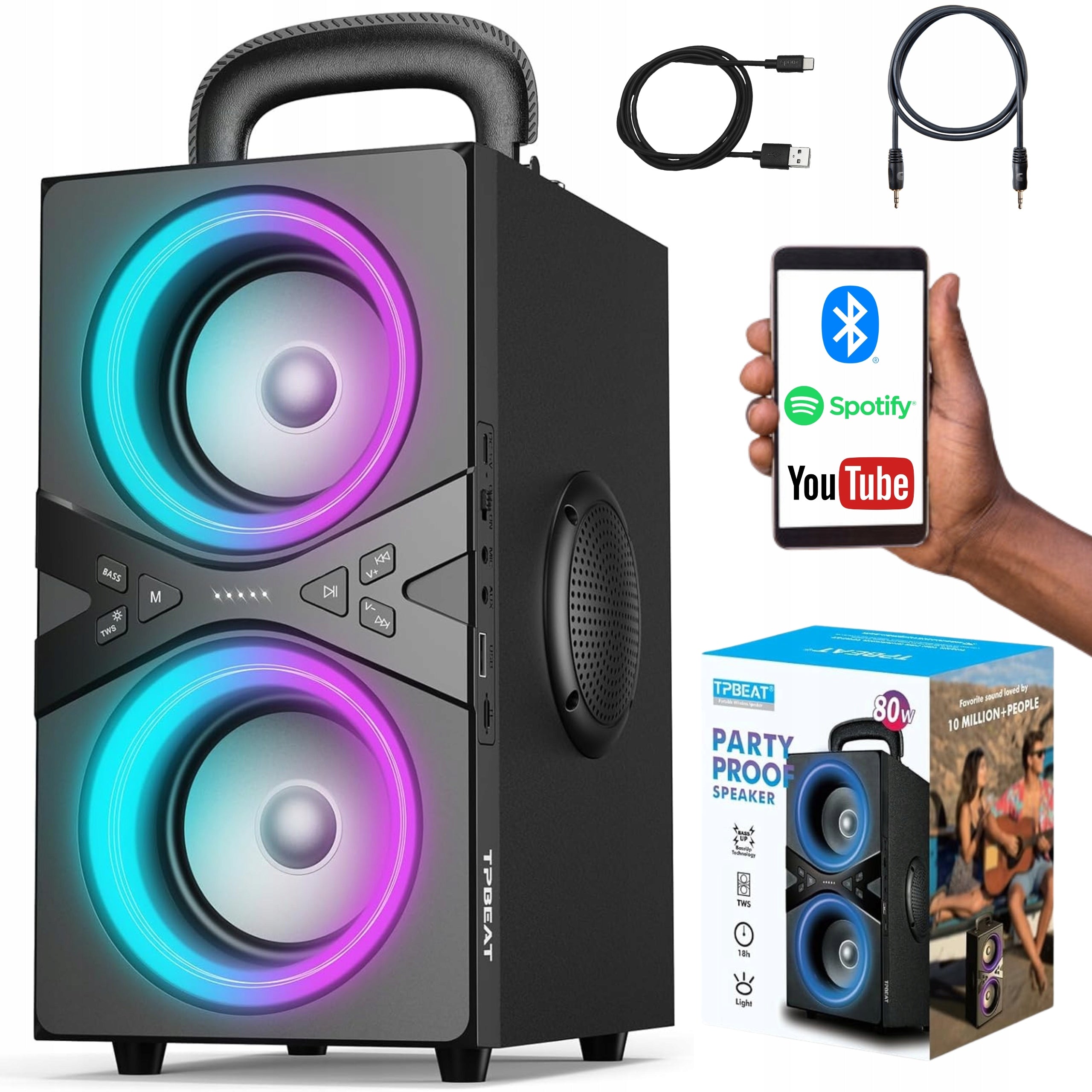 PORTABLE BLUETOOTH SPEAKER 80W LED BASS PORTABLE GIFT 100 dB PARTY