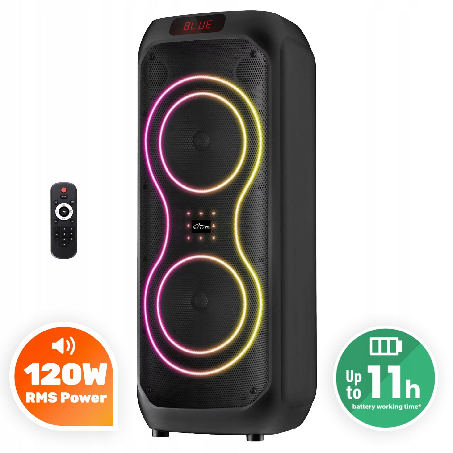 PORTABLE BLUETOOTH SPEAKER MEDIA-TECH KARAOKE POWER AUDIO 120W EQUALIZER Packaging status original