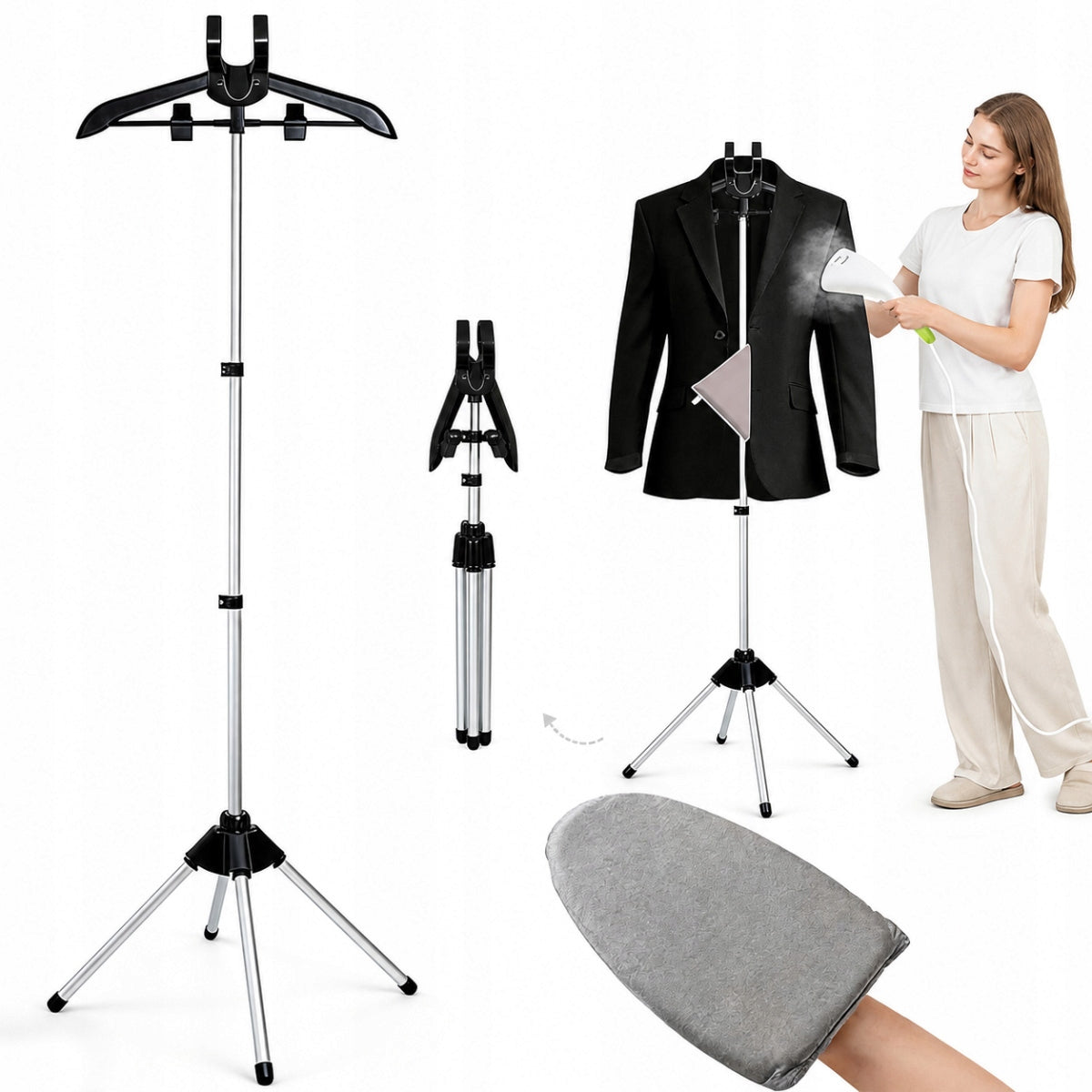 PORTABLE CLOTHES STEAMER RACK WITH IRONING GLOVE, FOLDING
