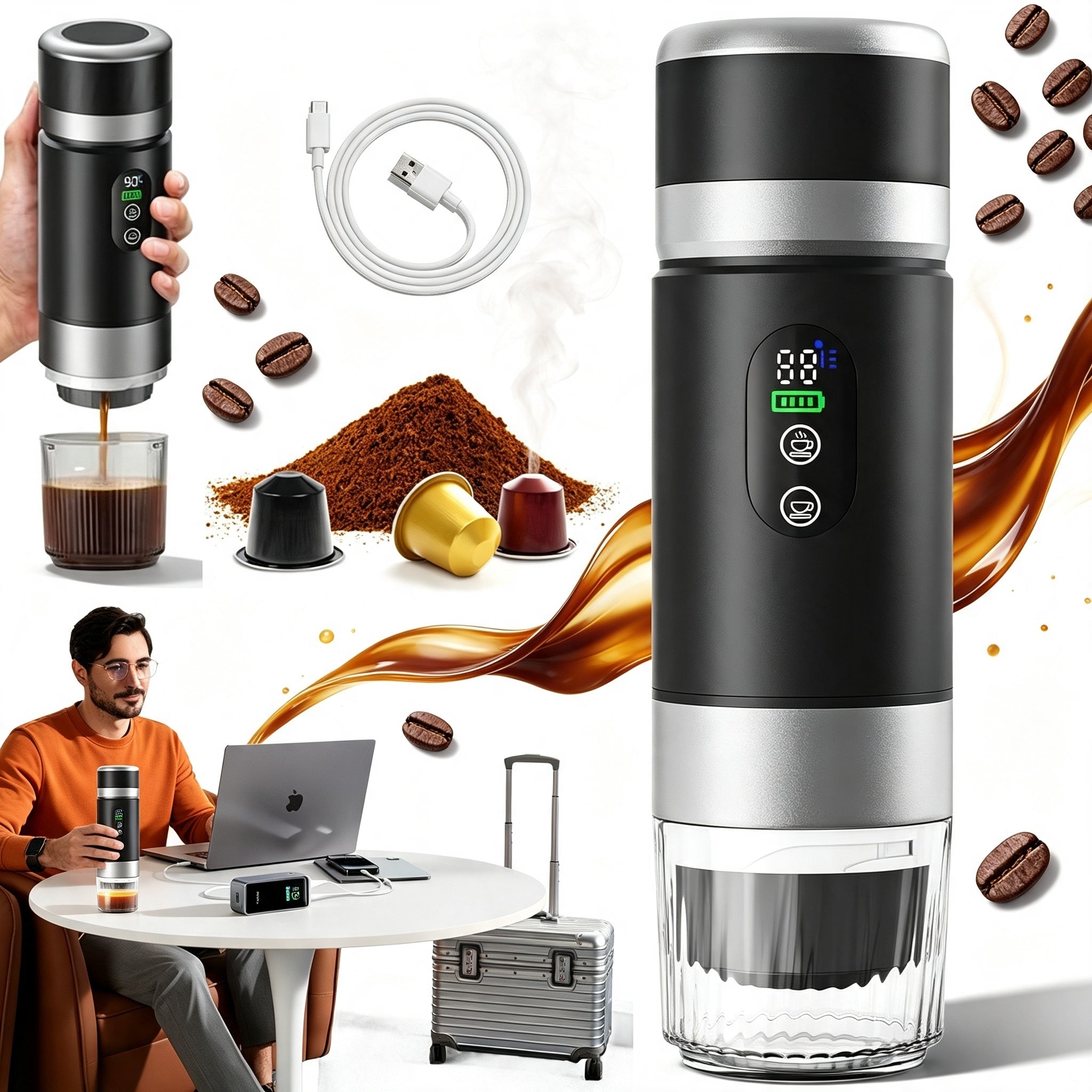 PORTABLE COFFEE MAKER 150ml 3IN1 FAST HEATING 20 BAR TRAVEL