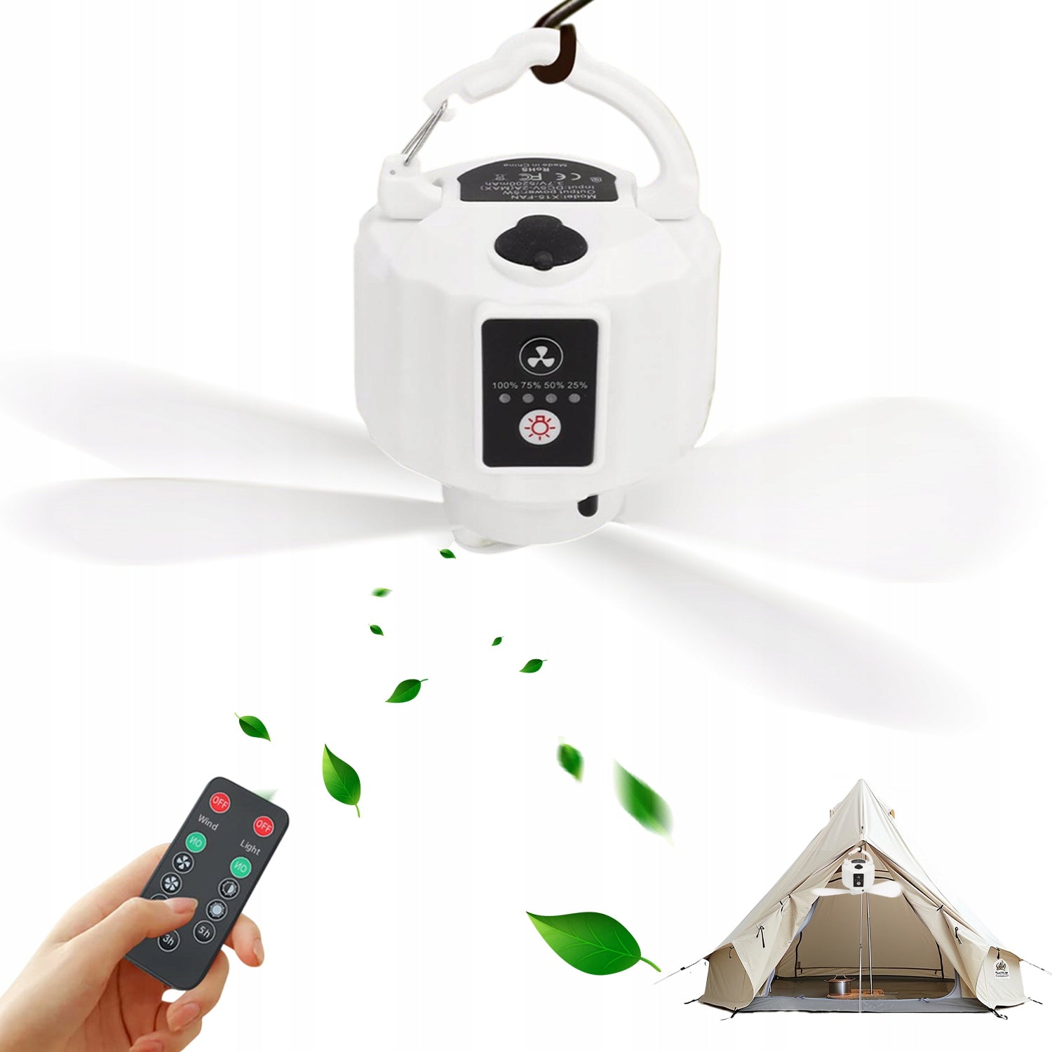 PORTABLE FAN WITH REMOTE CONTROL AND ADJUSTABLE LIGHTING FOR OUTDOOR USE