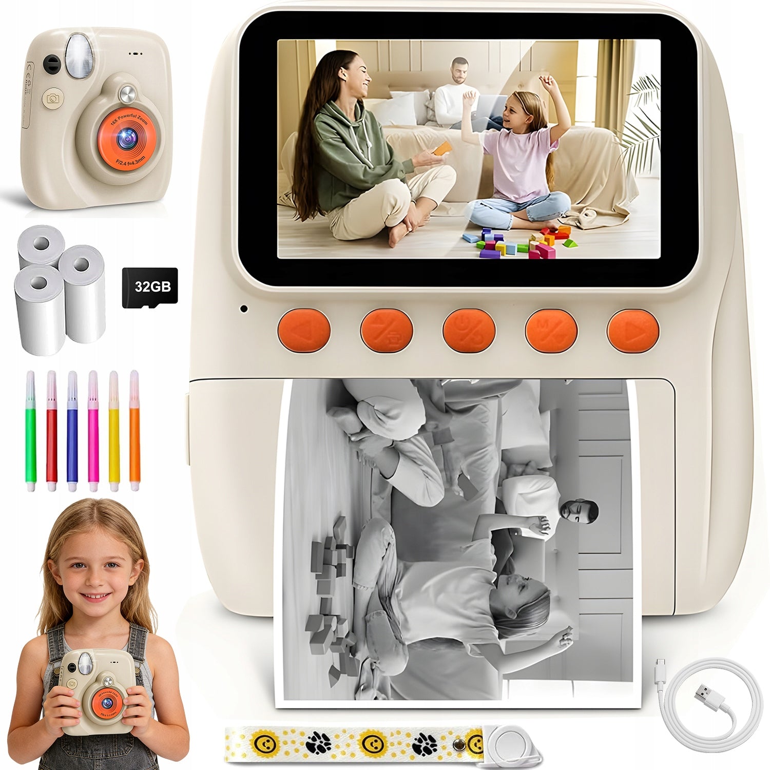 PORTABLE INSTANT CAMERA FOR KIDS 1080P 20EFFECTS 16X ZOOM 2.5K UHD