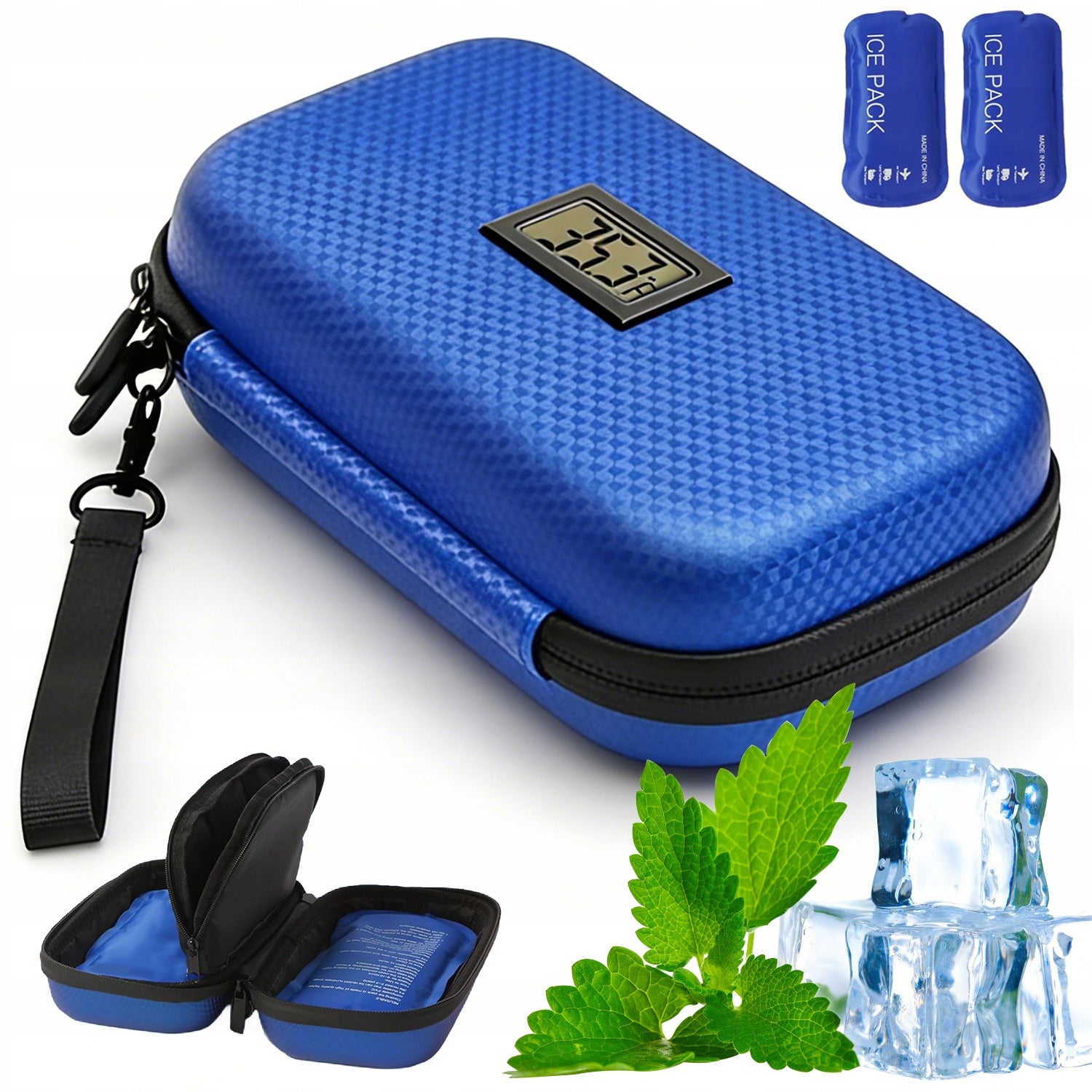 PORTABLE INSULIN COOLING CASE WITH TEMPERATURE DISPLAY AND CARTRIDGES