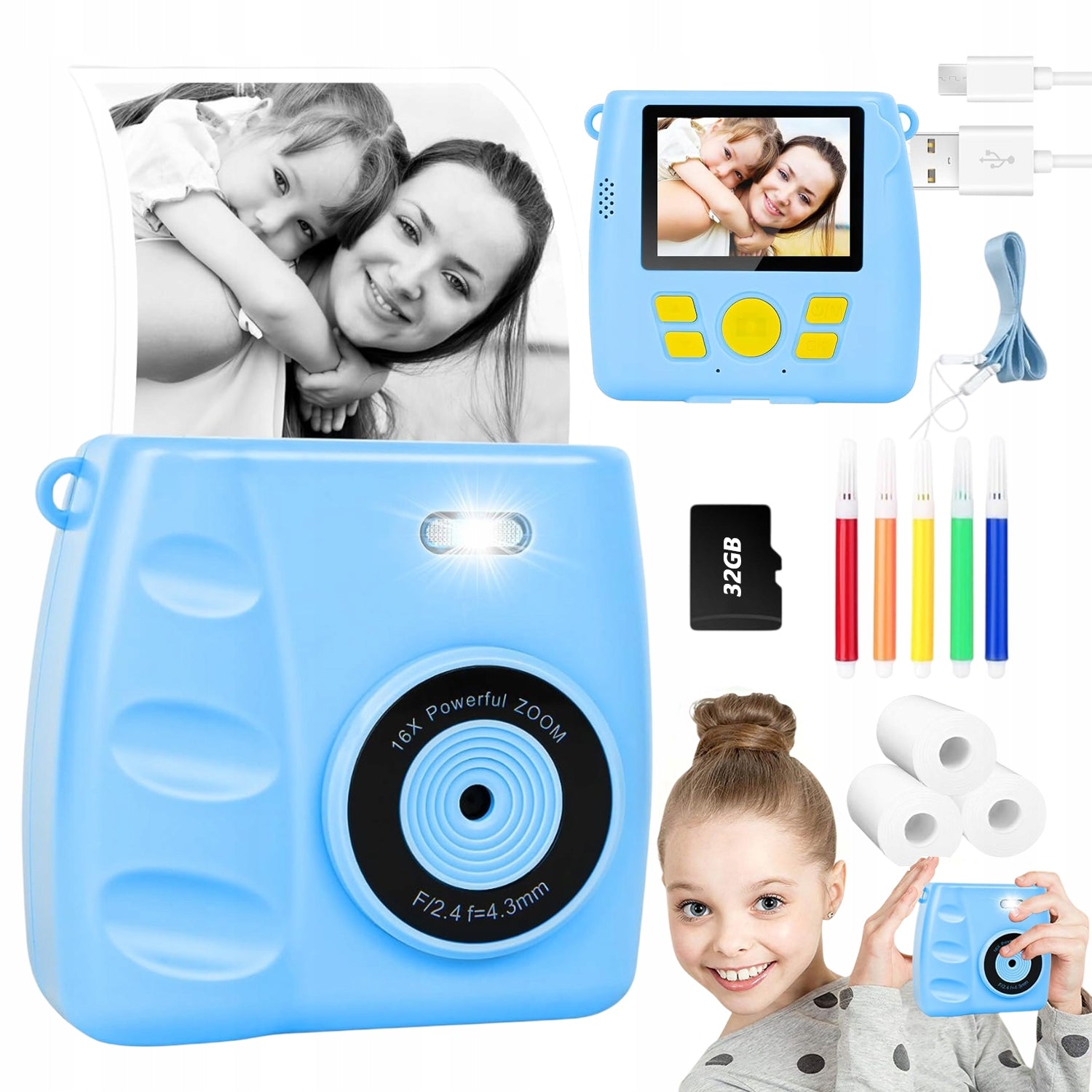 PORTABLE MINI BABY CAMERA 30MP HD 32GB 5 GAMES THERMAL PRINTER BLUE