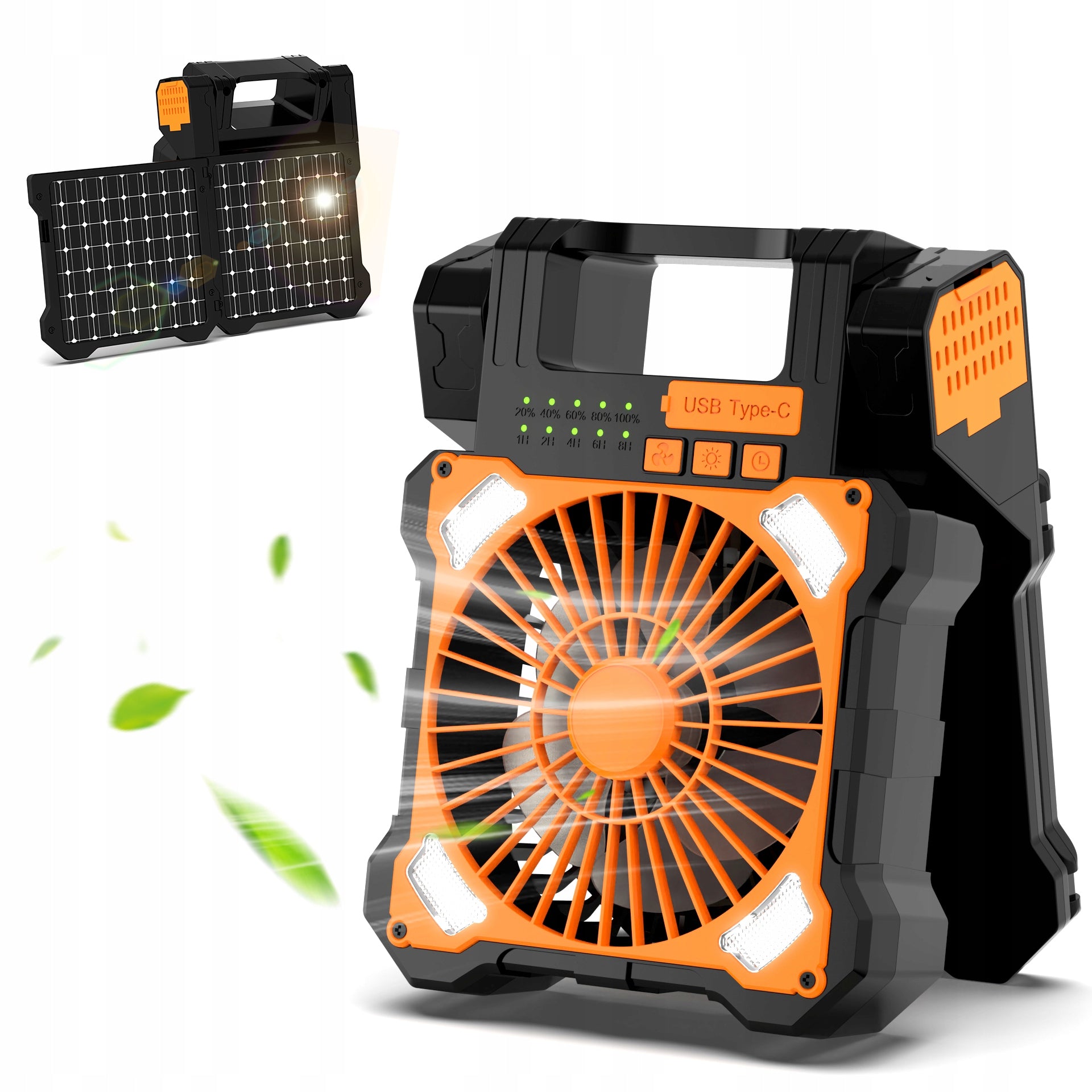 PORTABLE SOLAR CAMPING FAN WITH LED POWER BANK USB 8000mAh Dominant color orange