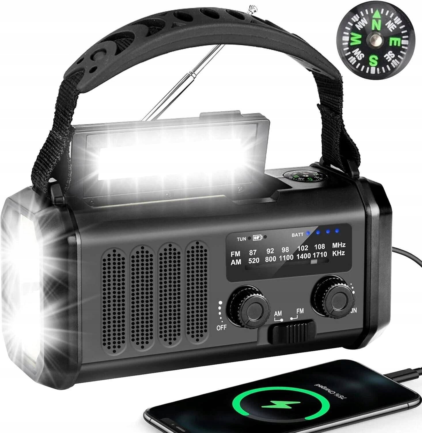 PORTABLE SOLAR RADIO CRANK ALARM DYNAMO EMERGENCY FLASHLIGHT 10000mAh