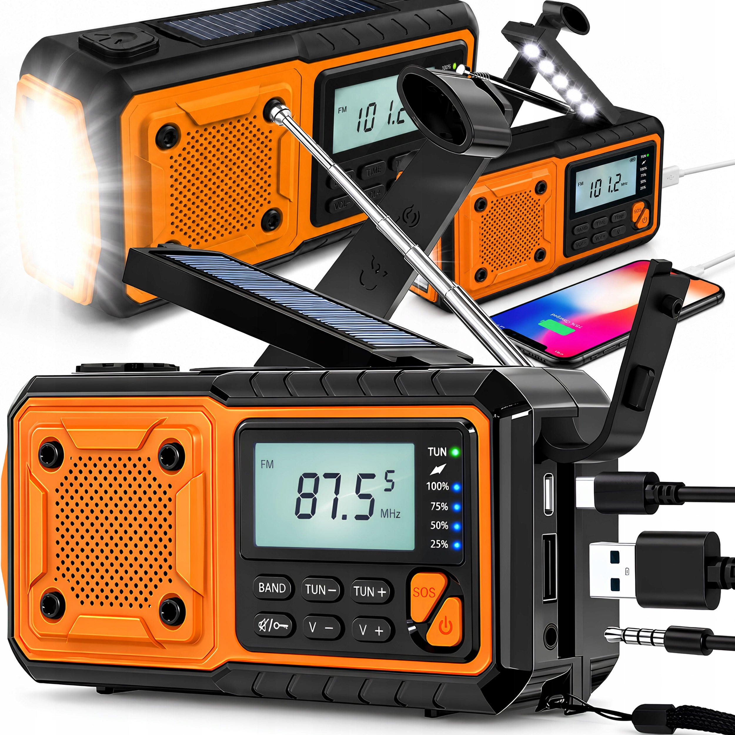 PORTABLE SOLAR RADIO CRANK ALARM DYNAMO EMERGENCY FLASHLIGHT 5000mAh USB-C