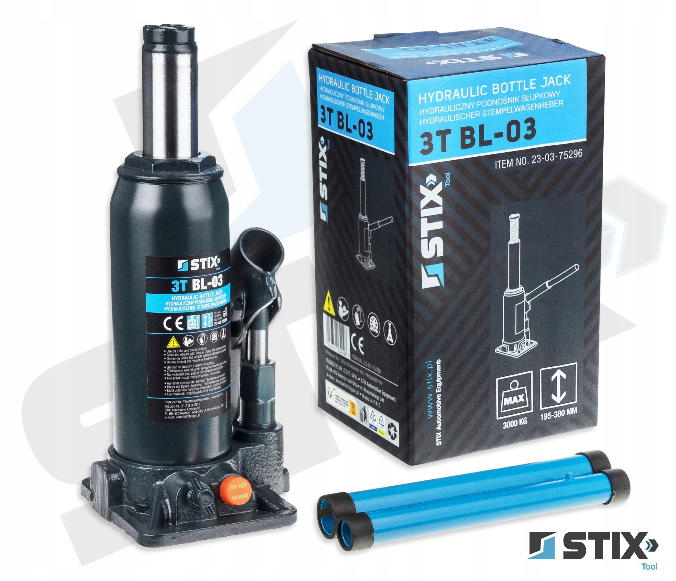 POST LIFT 3T 195-390mm BOTTLE TWO-STAGE LEVER BL-03 STIX Manufacturer code 23-03-75296