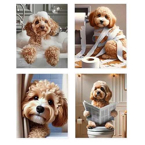 POSTER DOG BATHROOM WALL ART ON CANVAS FUNNY GIFT 4 PCS.