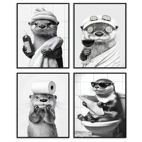 POSTERS OTTER BATHROOM RETRO BLACK AND WHITE SET OF 4 PIECES GIFT Brand no brand