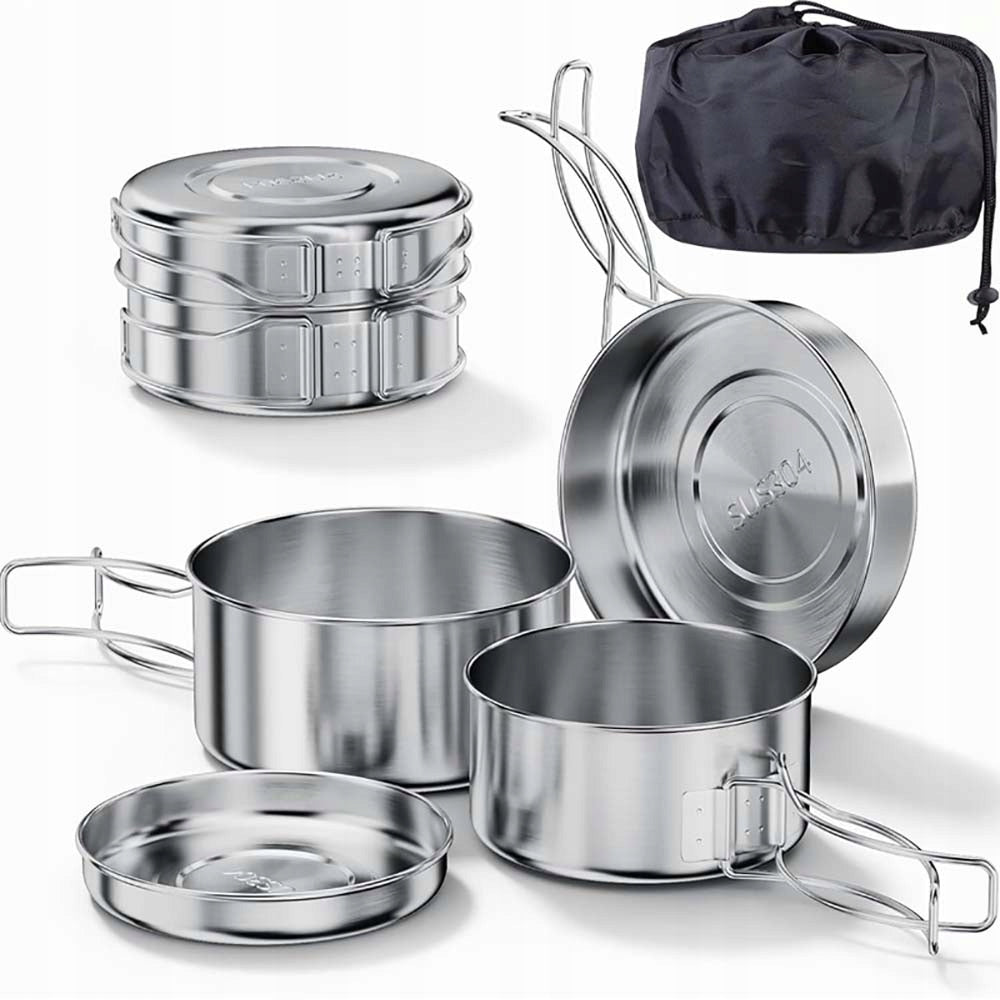 POTS SET CAMPING STAINLESS STEEL COOKER PORTABLE DISHES Packaging status original