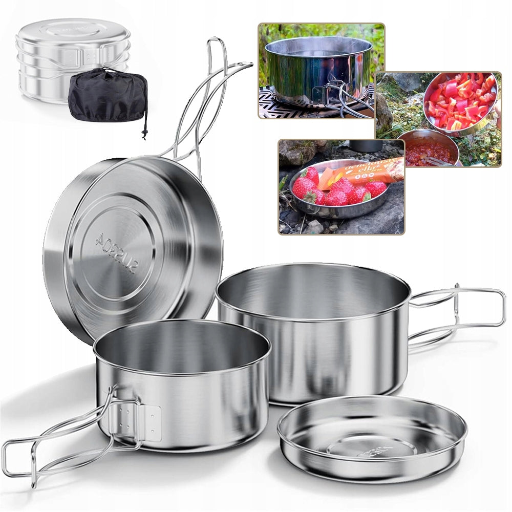 POTS SET CAMPING STAINLESS STEEL COOKER PORTABLE DISHES