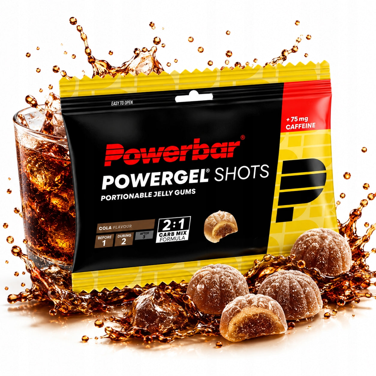 POWERBAR SHOTS 60g energy gummies with cola caffeine
