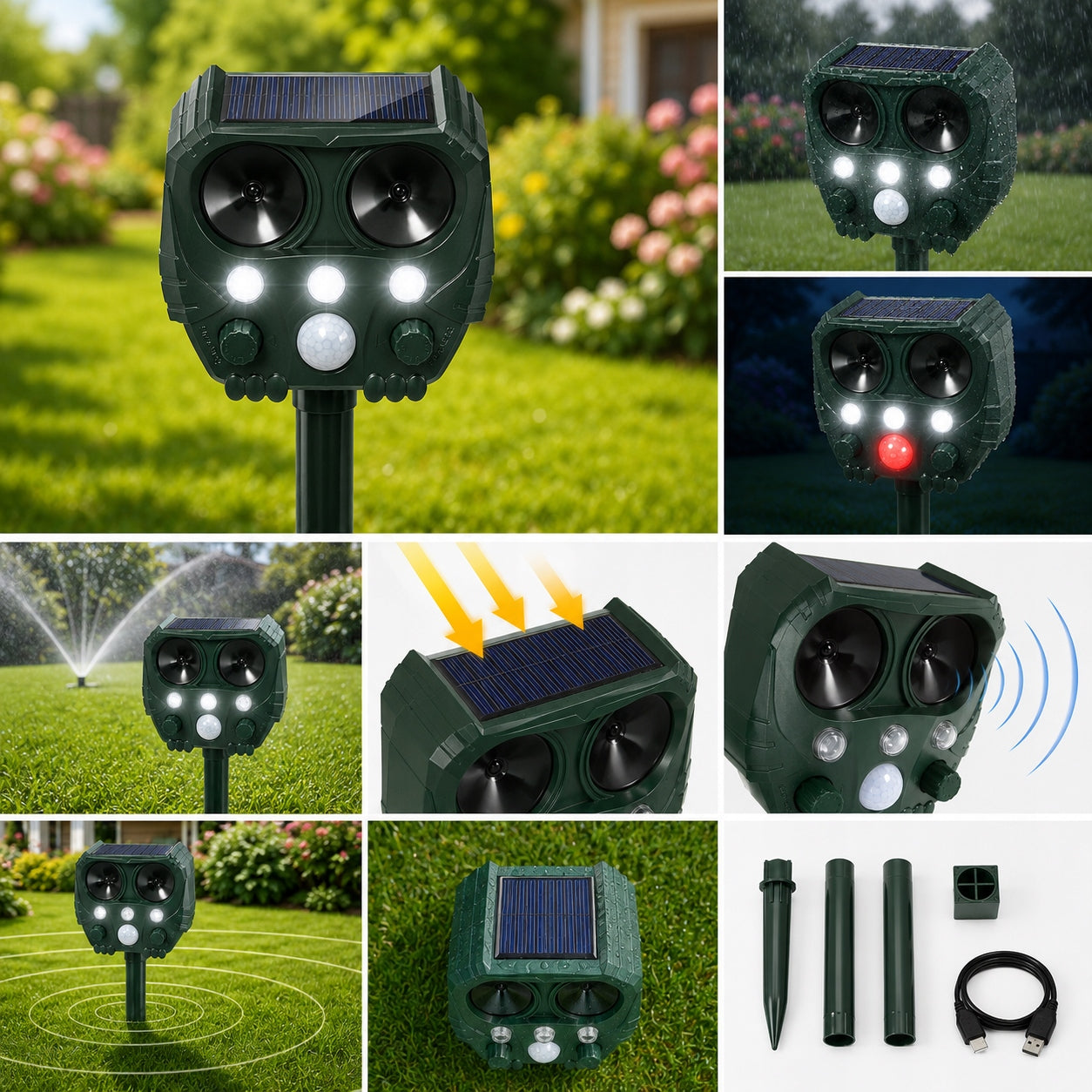 POWERFUL Animal Repellent SOLAR PIR Ultrasonic For Kuna Cats Dogs Packaging status original