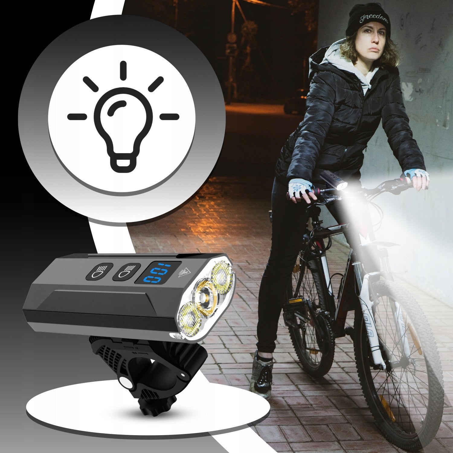 POWERFUL BIKE LIGHT 5 MODES LED FRONT+REAR 1300lm 2500mAh IP65 HOLDER 360 Manufacturer code ER1032