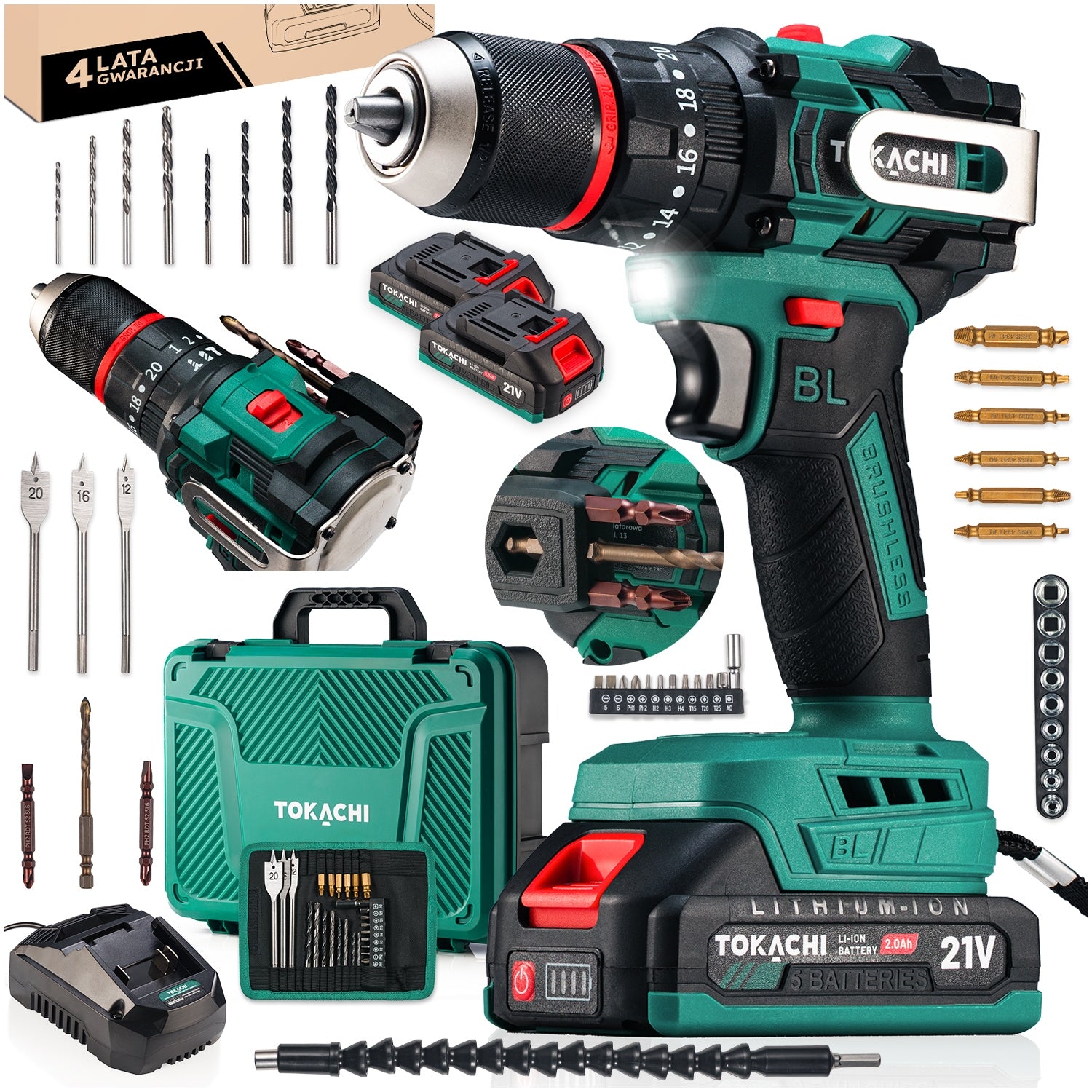 POWERFUL DRILL CORDLESS IMPACT DRIVER BRUSHLESS PRO 2xAKU 21V