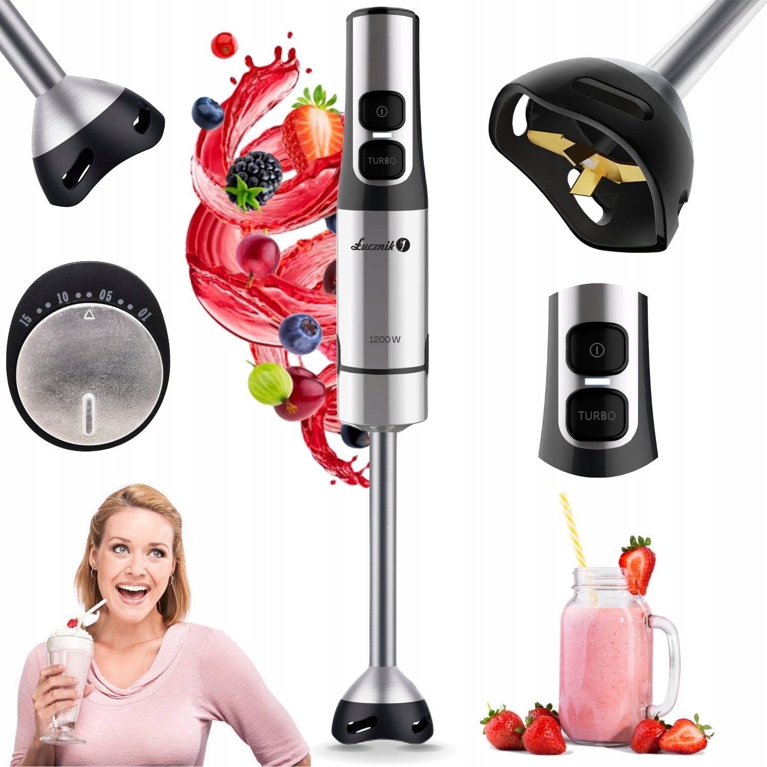 POWERFUL HAND BLENDER ŁUCZNIK JK-1200 BLADE TITANIUM TURBO CRUSHES ICE 1200W