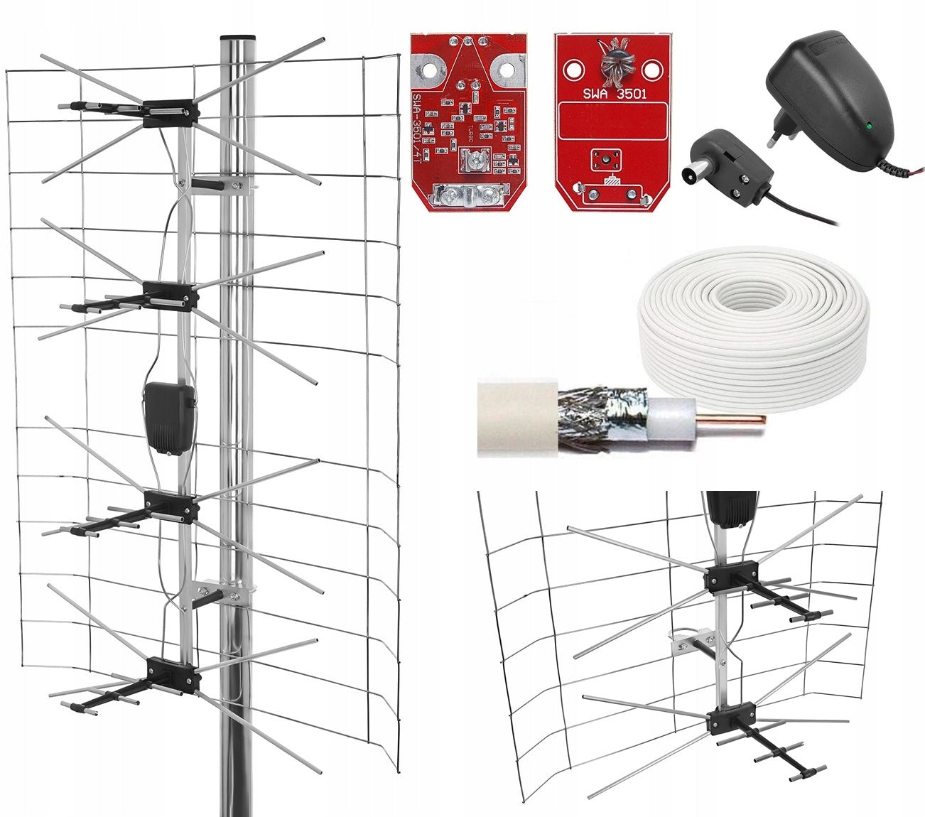 POWERFUL Poland DVB-T2 MESH TV ANTENNA SET POWER SUPPLY BOARD CABLE MUX-1-8