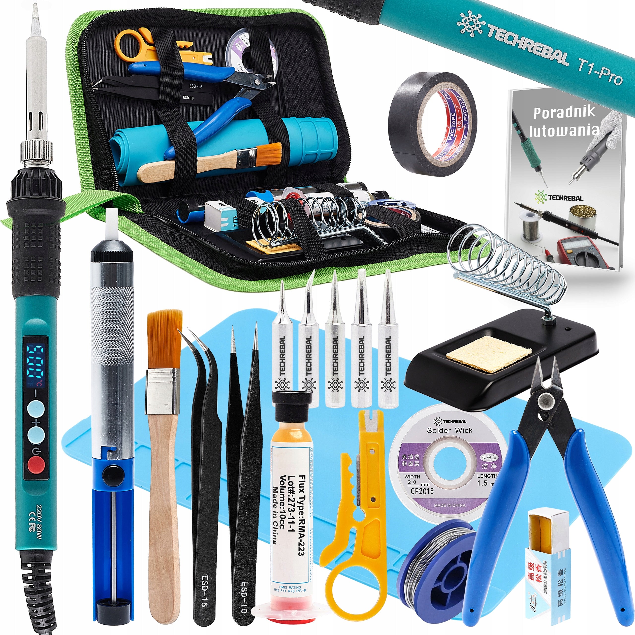 POWERFUL SOLDERING IRON 80W LARGE SOLDERING KIT 16in1 MAT BRAIDED TIN 5x TIP