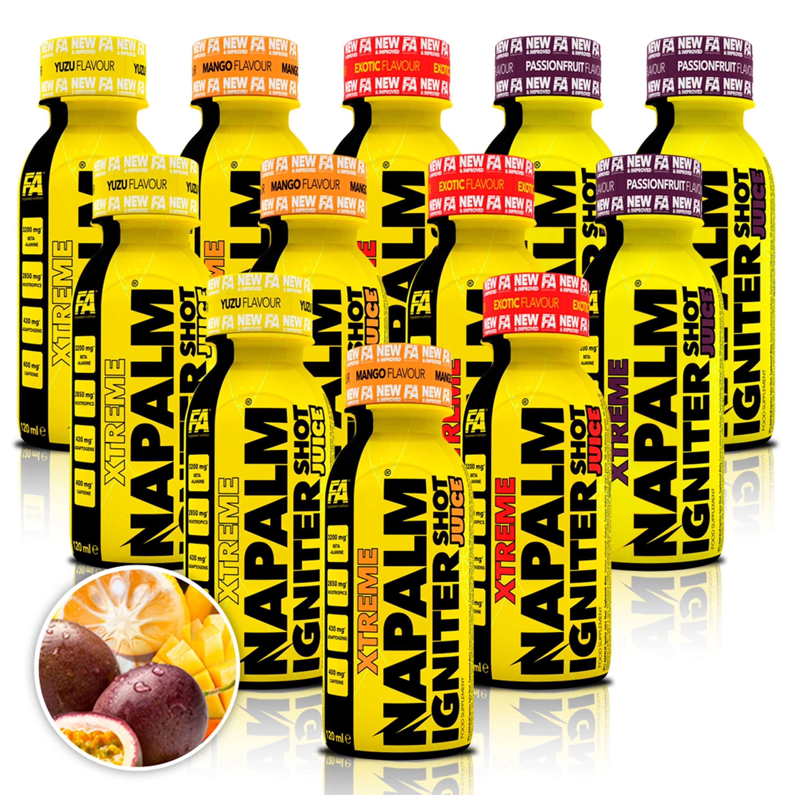 PRE-WORKOUT SHOT 12x 120ml MIX OF FLAVORS XTREME NAPALM JUICE CAFFEINE FA