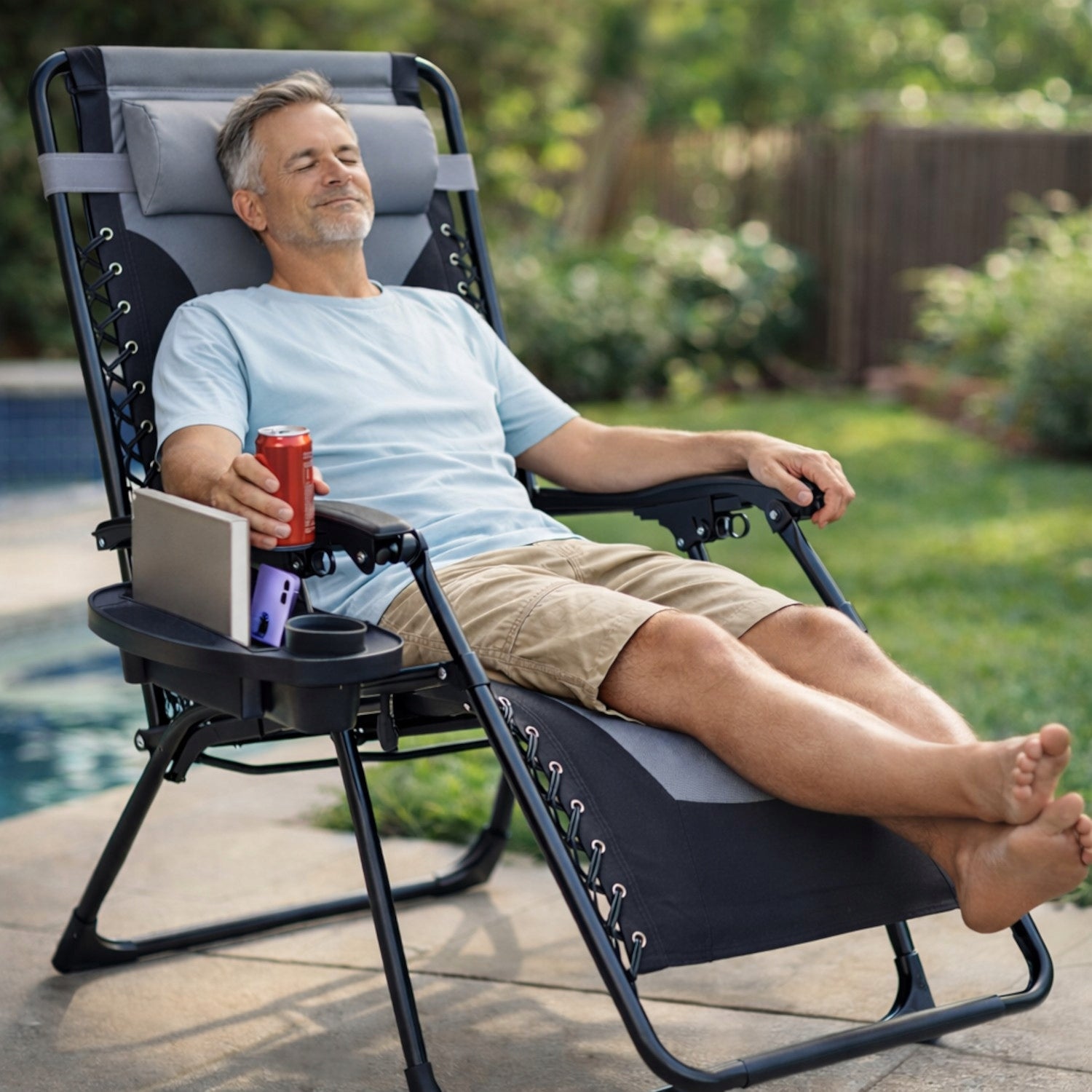 PREMIUM Folding GARDEN LOUNGER WITH FILLING AND BEACH CUSHION + TABLE Kind sunbed