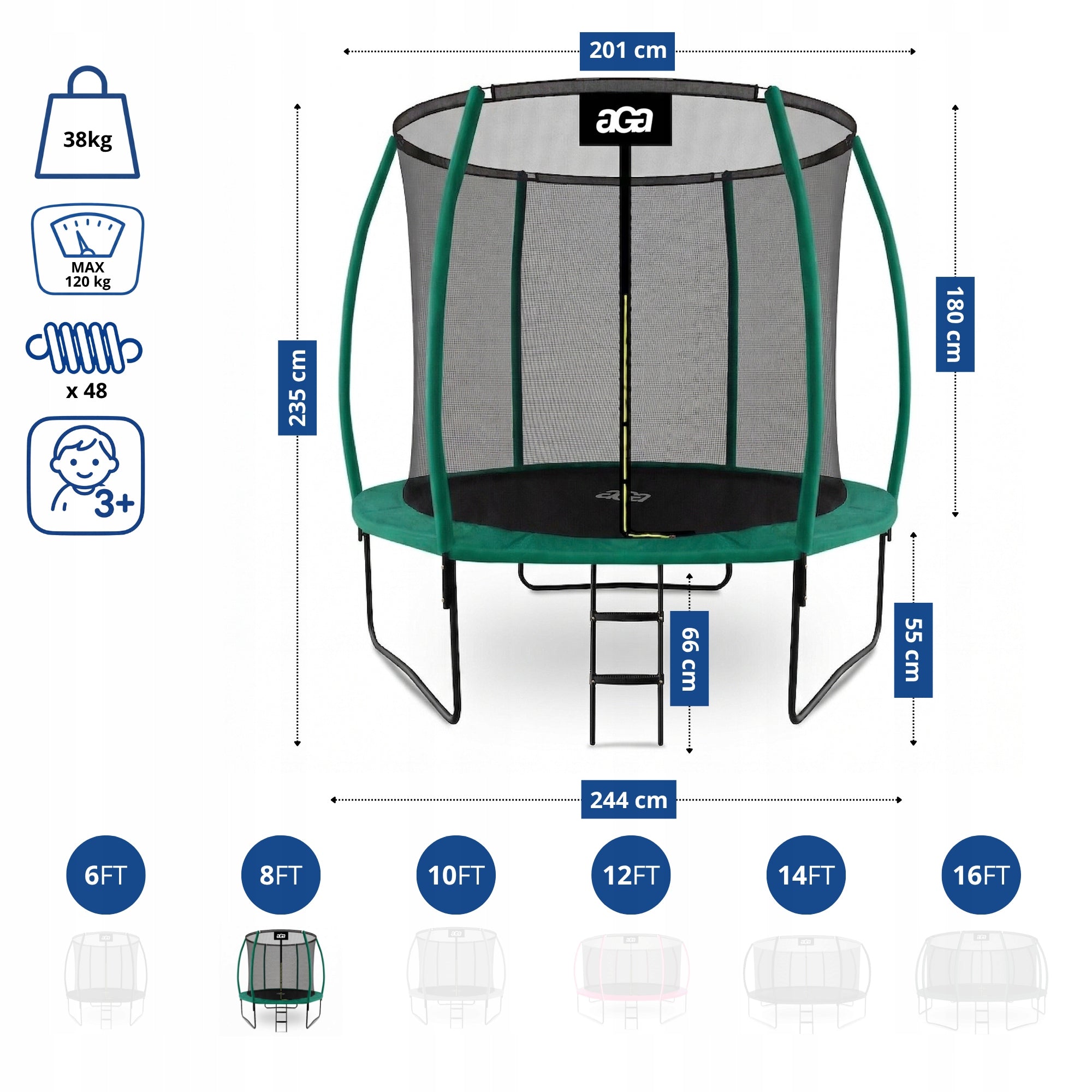 PREMIUM Trampoline SPORT EXCLUSIVE 250cm 8ft Aga Green DG STRONG Safe Kid's age 8+ years
