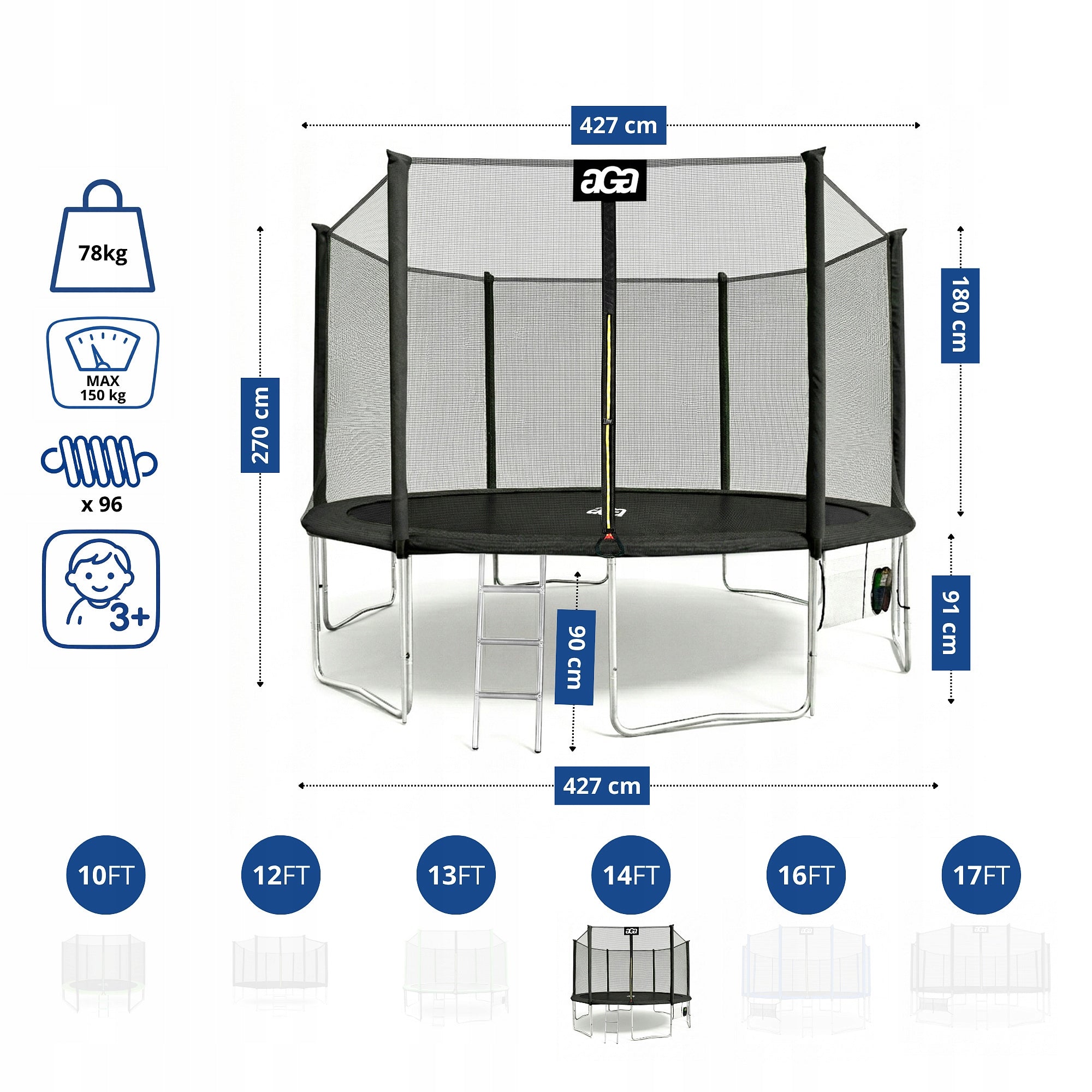 PREMIUM Trampoline SPORT PRO 430 cm 14 ft. Aga Black MAX Safety Kid's age 8+ years