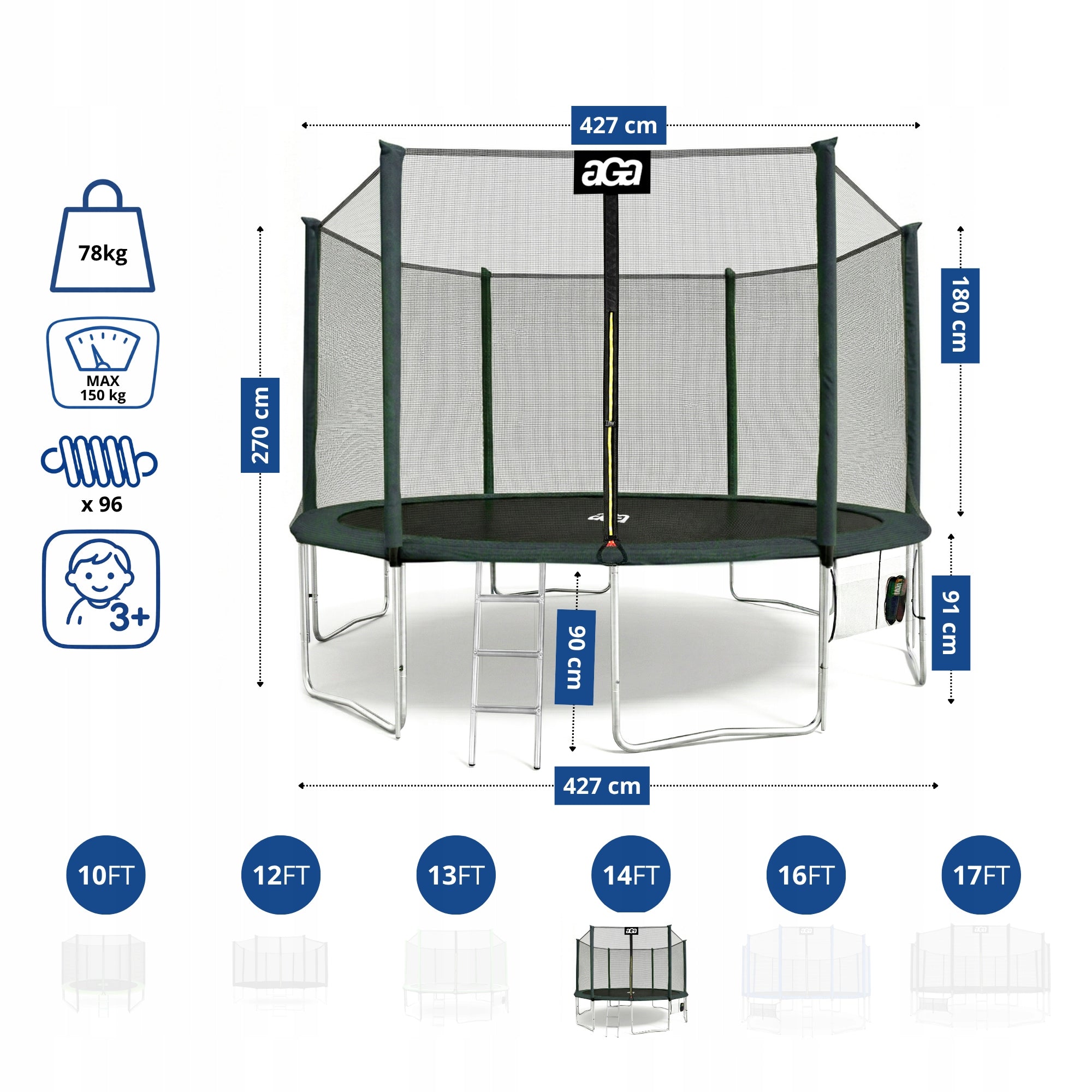 PREMIUM Trampoline SPORT PRO 430 cm 14 ft Aga Green DG MAX Safety Net height 180 cm